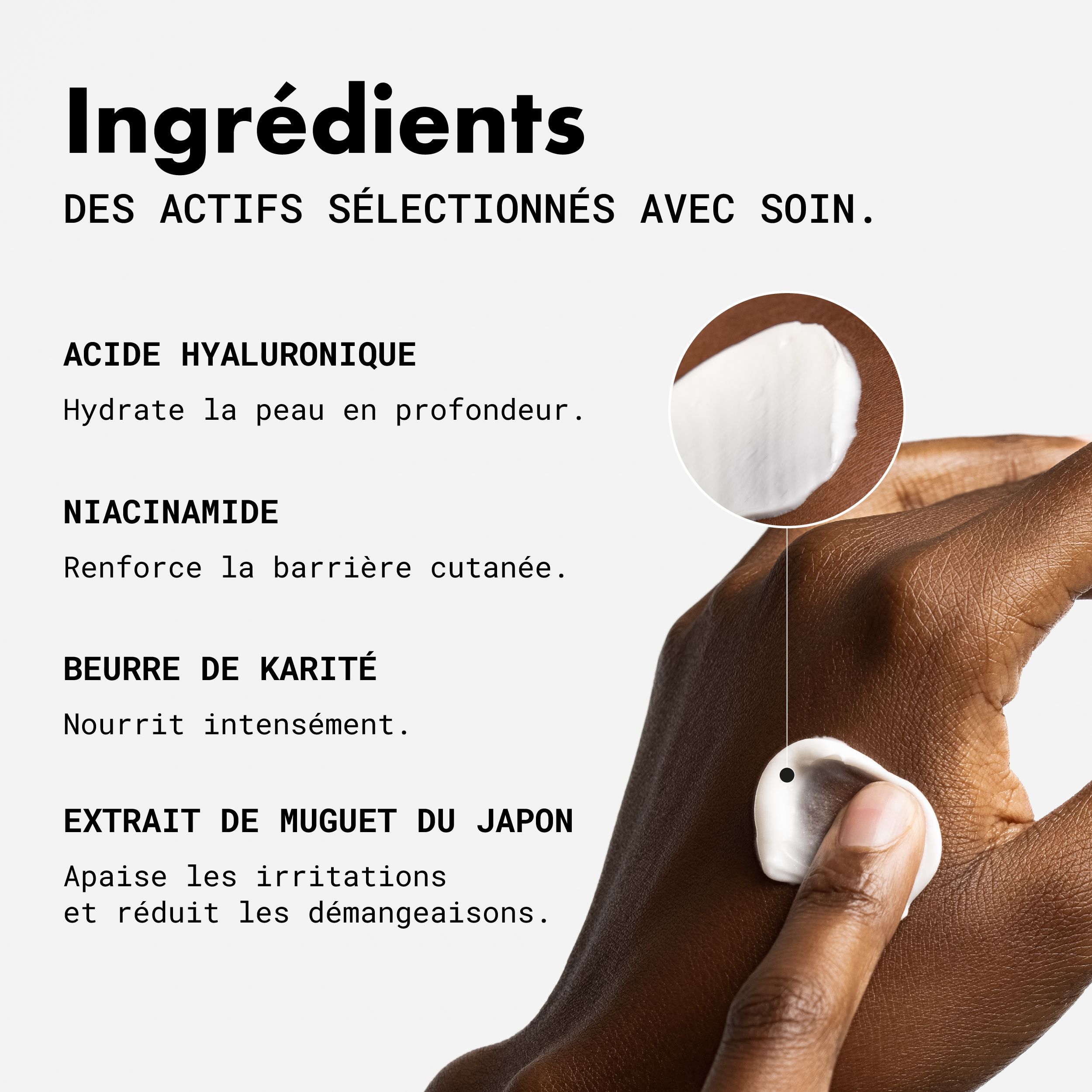 Ingrediënten: Hyaluronzuur, Niacinamide, Sheaboter, Extract. Crème op de hand.