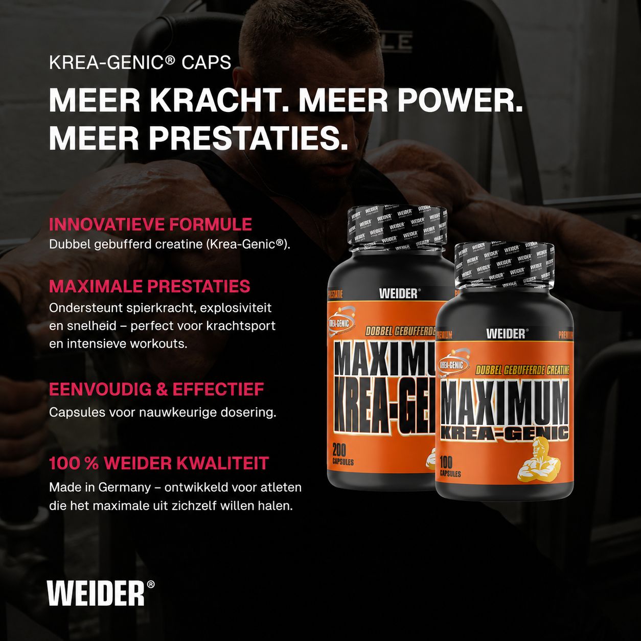 Twee potten WEIDER MAXIMUM KREA-GENIC Capsules, 200 en 100 stuks, voor een man in een sportschool.