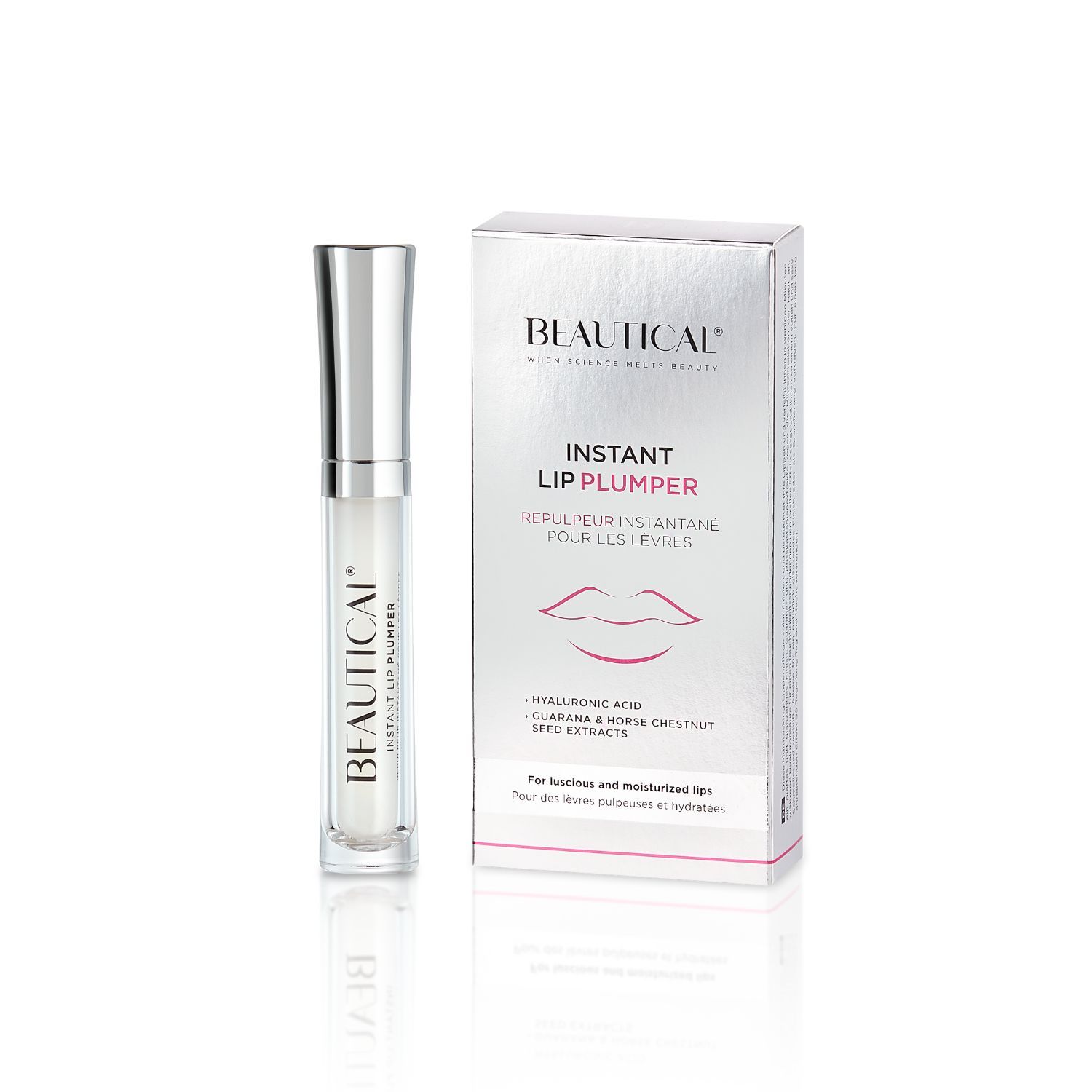 BEAUTICAL Instant Lip Plumper et emballage. Emballage blanc avec image du produit et texte.