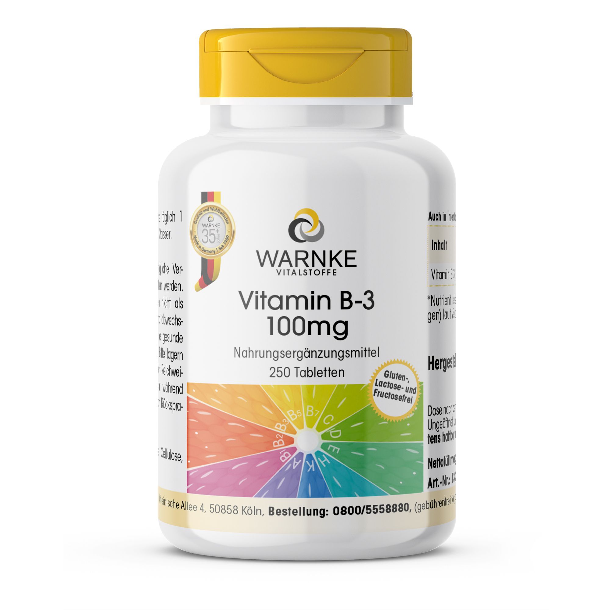 Witte fles met gele dop. Opschrift: Vitamine B-3 100mg, 250 tabletten. Merk: WARNKE Vitalstoffe. Met kwaliteitslabel.