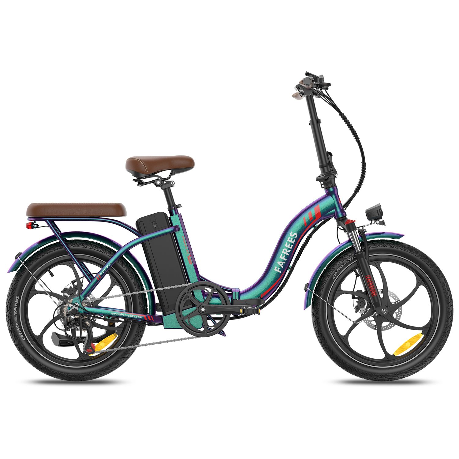 Opvouwbare e-bike, blauw-groen, bruin zadel en bagagedrager. Zwarte banden, velgen en accu. Merk FAFREES.