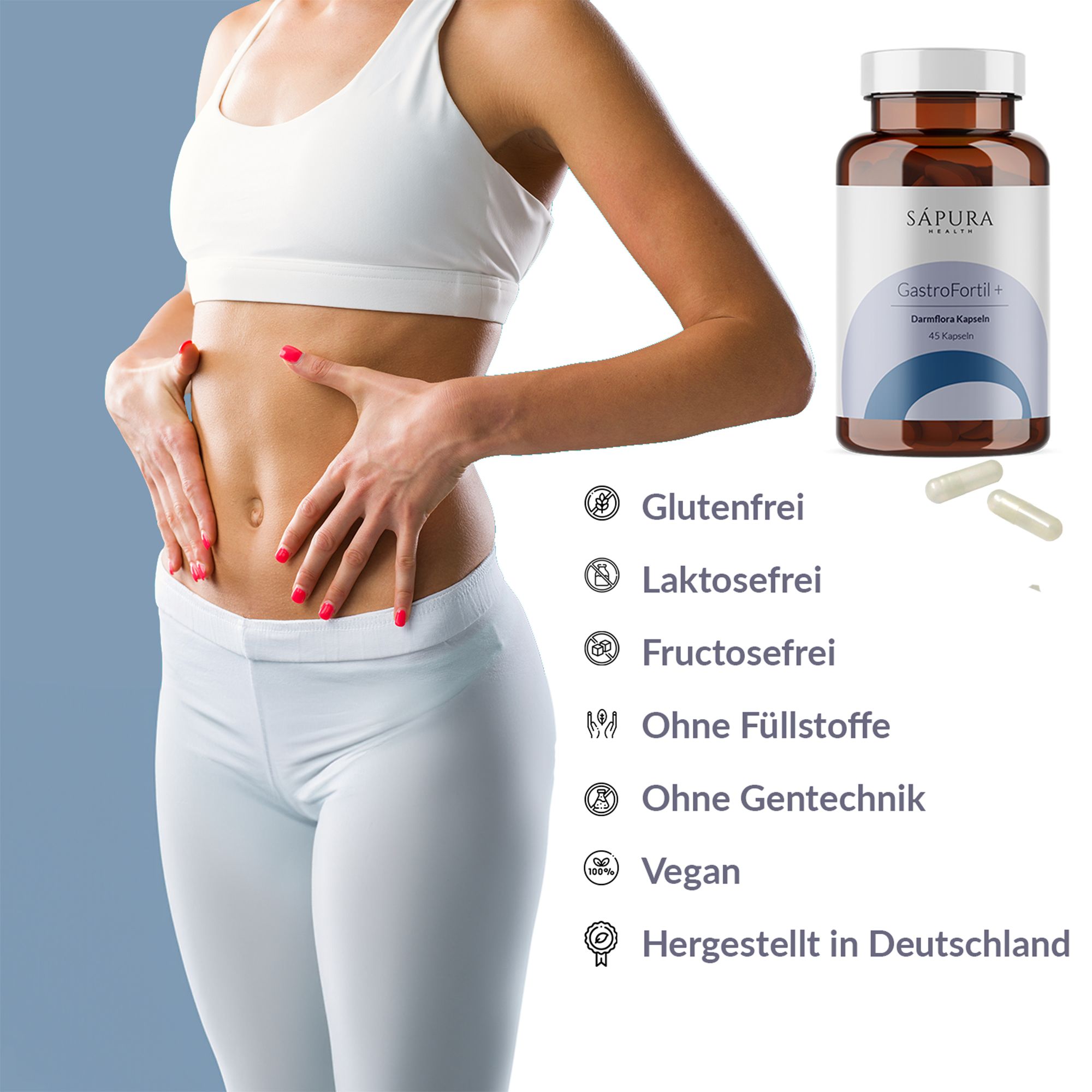 Flacon marron de capsules. Inscription: GastroFortil+. Femme tenant ses mains sur son ventre. Logos: Sans gluten, sans lactose, sans fructose, sans additifs, sans OGM, vegan, Fabriqué en Allemagne.
