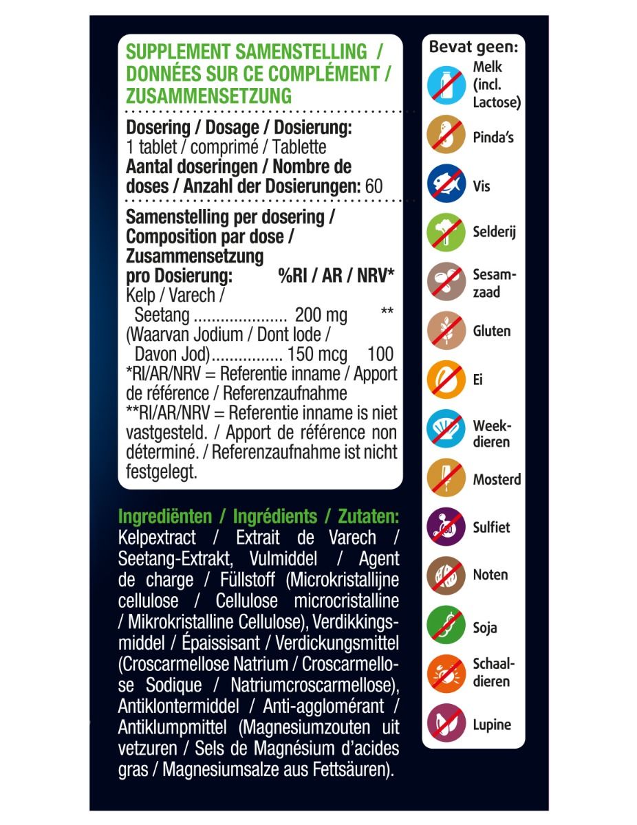 Achterkant verpakking met info over ingrediënten, dosering en allergenen. Tekst in meerdere talen.