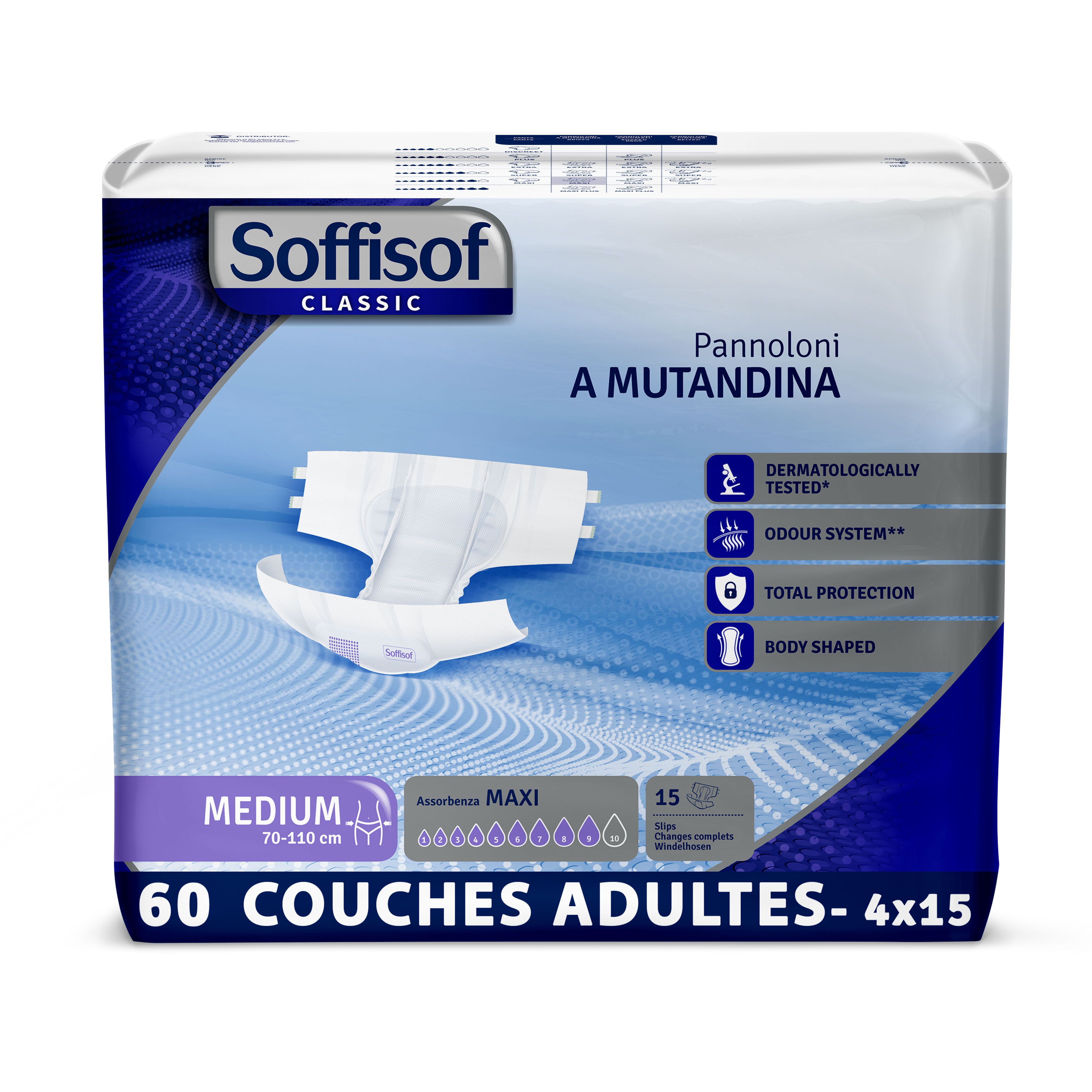 Couches adultes Soffisof Classic Maxi. Medium, 70-110 cm. 60 couches. Testé dermatologiquement, système anti-odeurs, protection totale, forme anatomique.