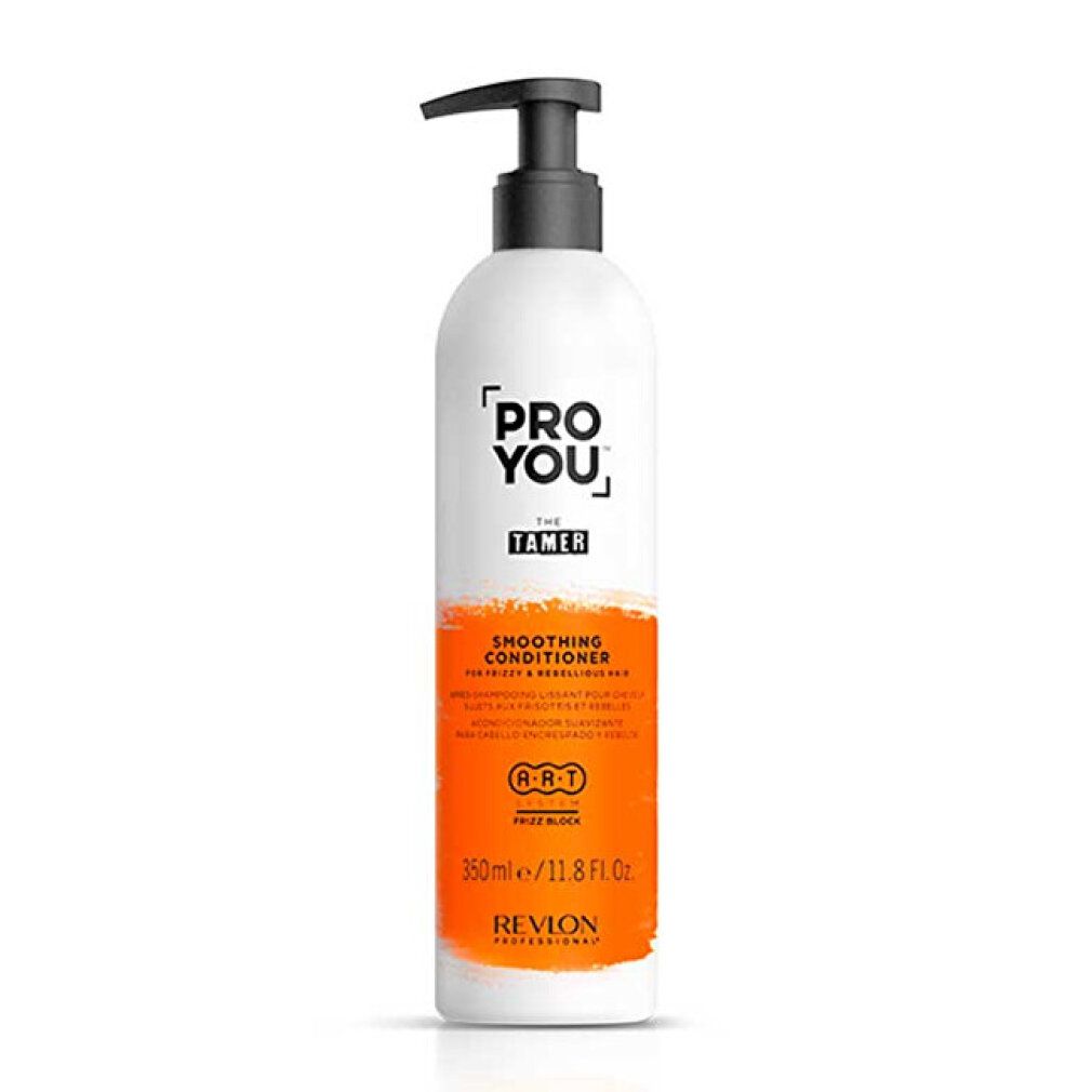 Flacon blanc avec pompe noire. Zone orange avec texte. Inscription : PRO YOU, THE TAMER, Smoothing Conditioner.