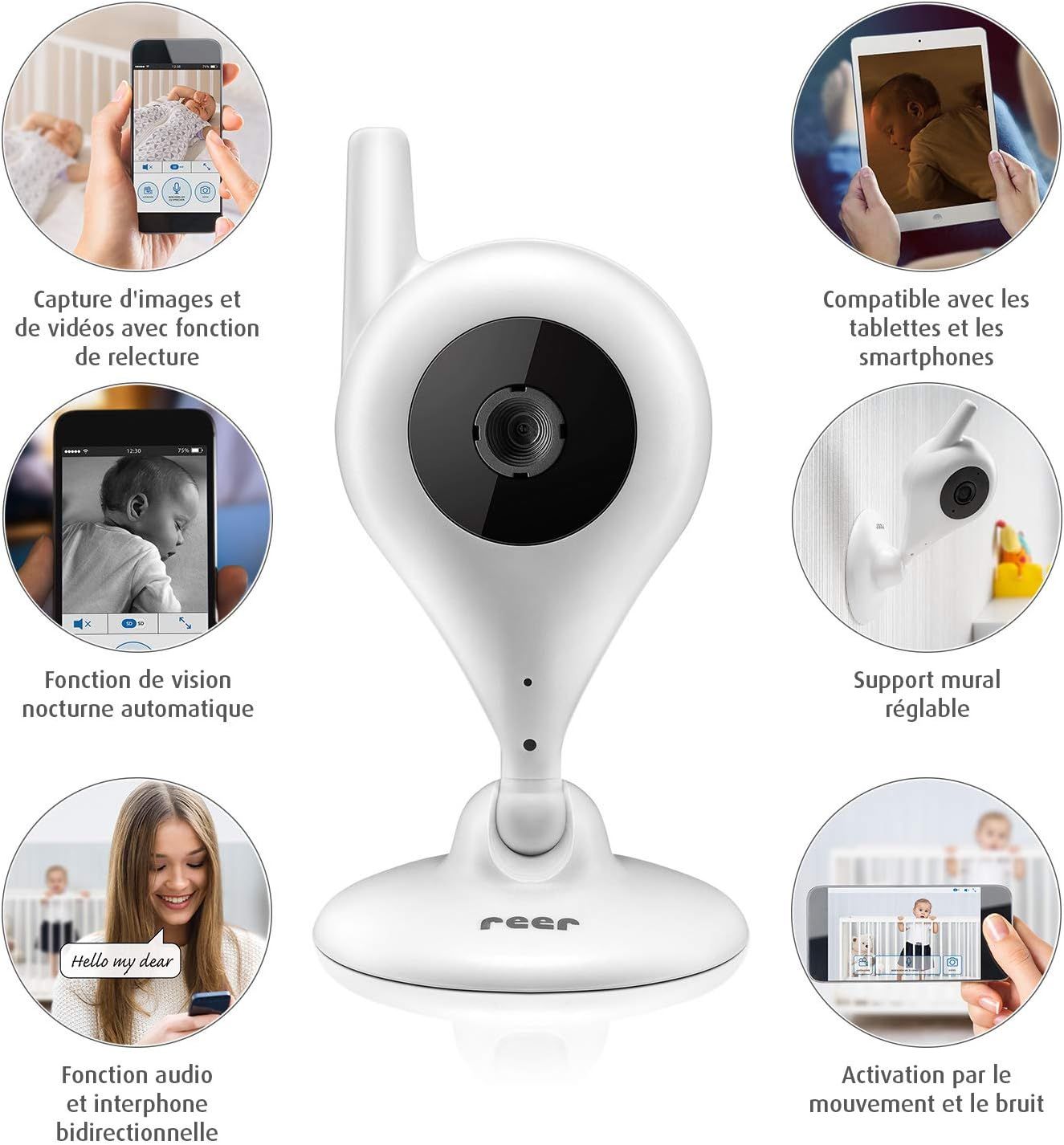 Caméra bébé blanche avec vision nocturne, microphone et haut-parleur. Compatible tablettes et smartphones.