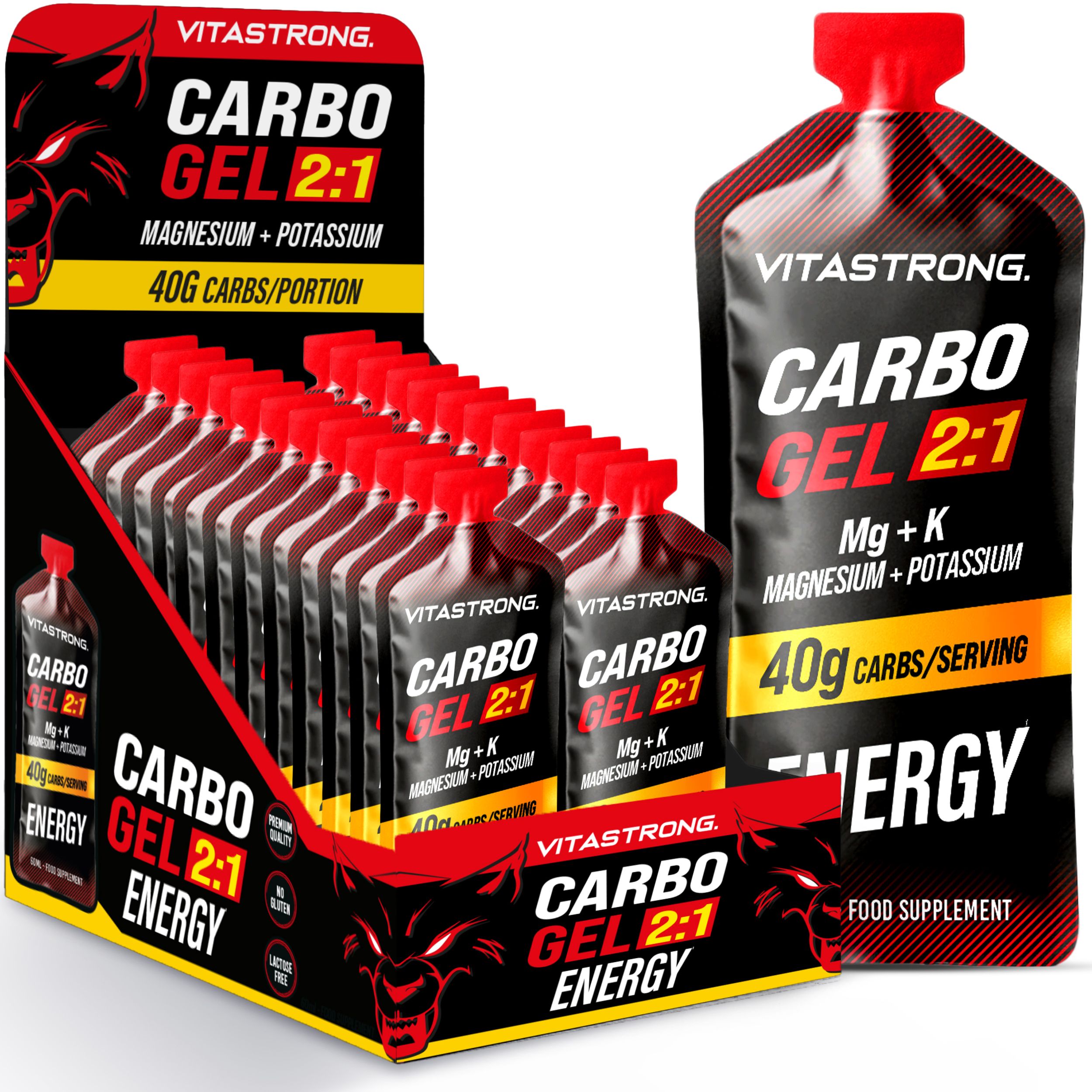 Vitastrong CARBO GEL 2:1. Display met portieverpakkingen. Tekst: 40g koolhydraten/portie, magnesium + kalium. Voedingssupplement.