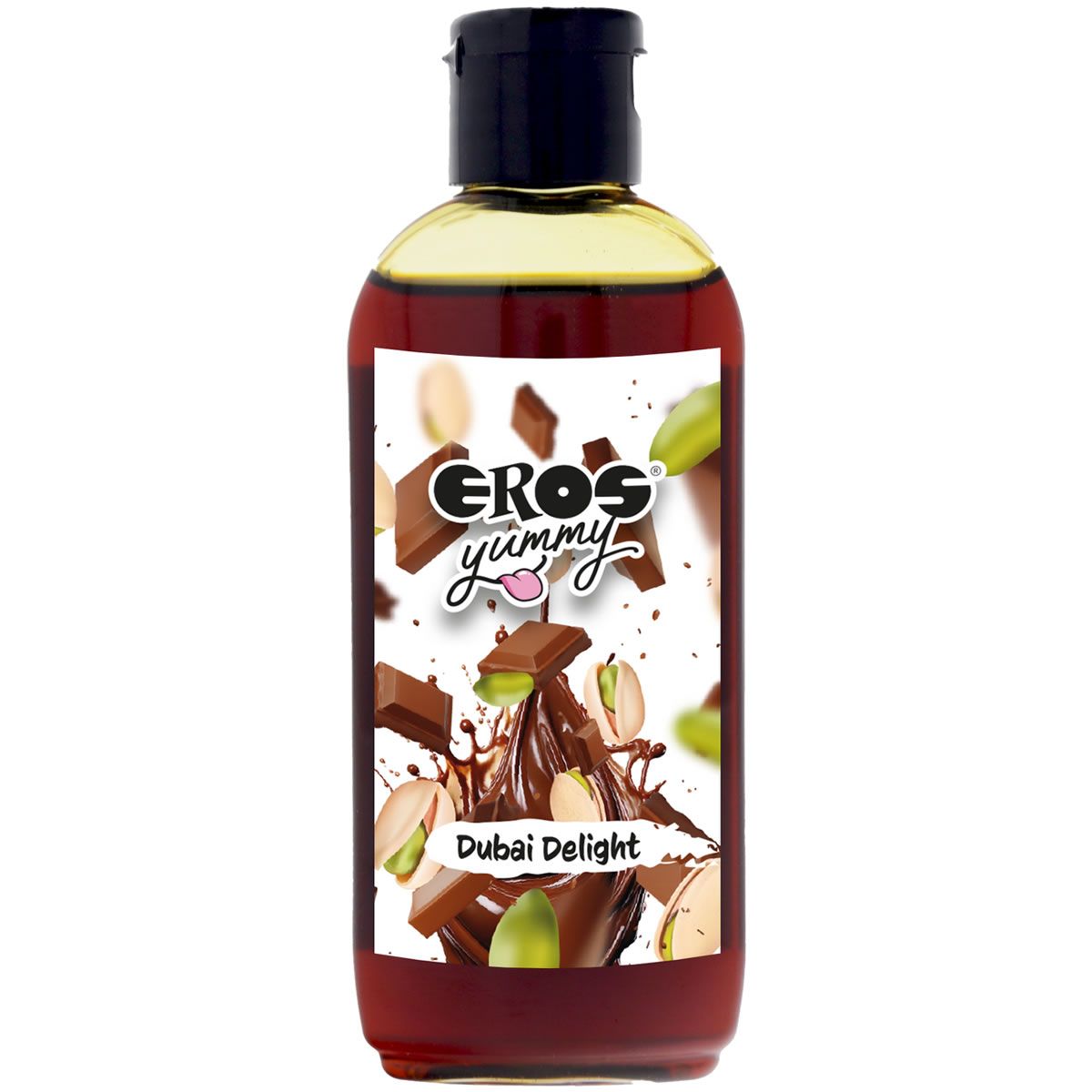 Flacon avec bouchon noir. Étiquette avec nom du produit, illustration chocolat et pistaches. Liquide visible.