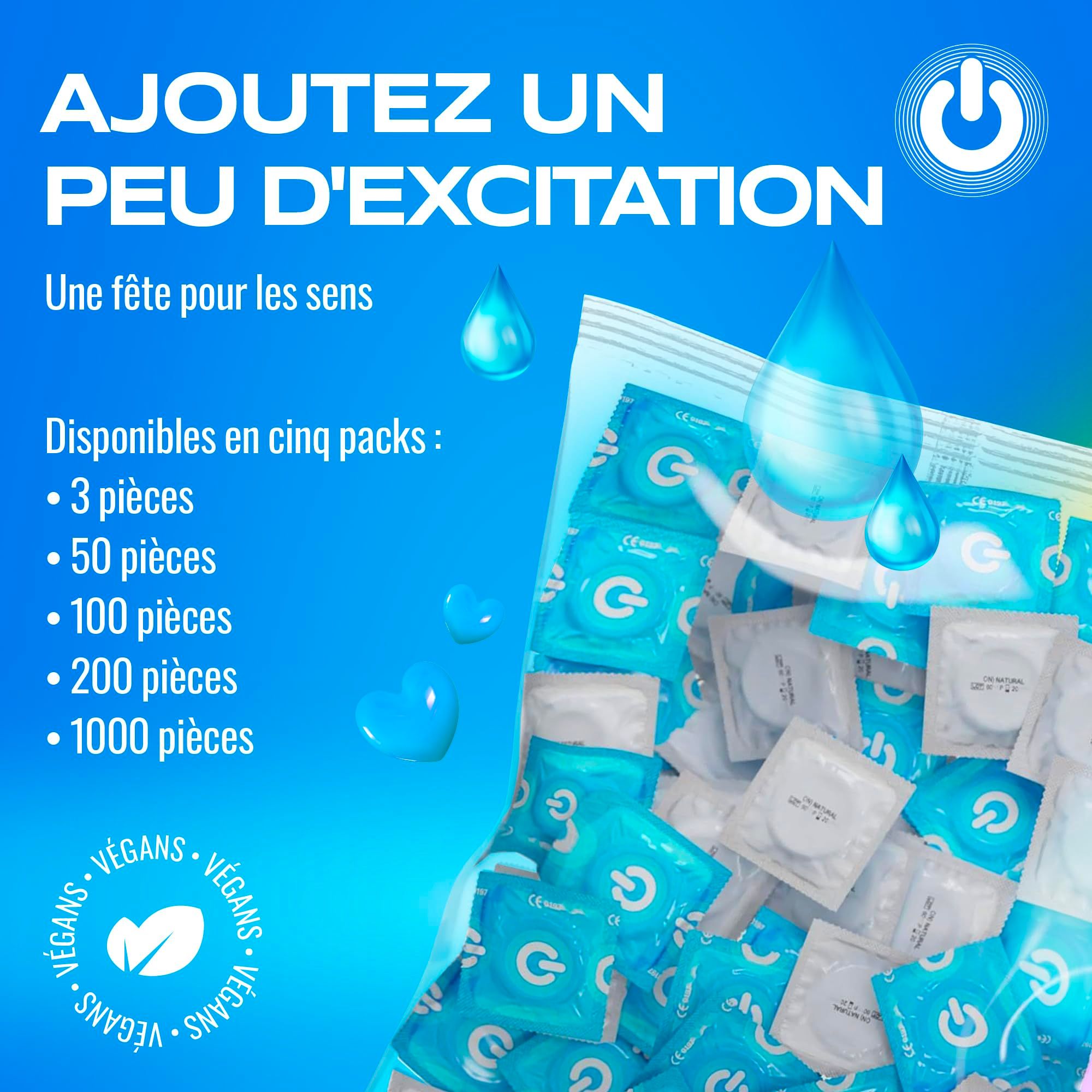 Image produit : 100 préservatifs, emballés individuellement, bleus avec logo blanc.