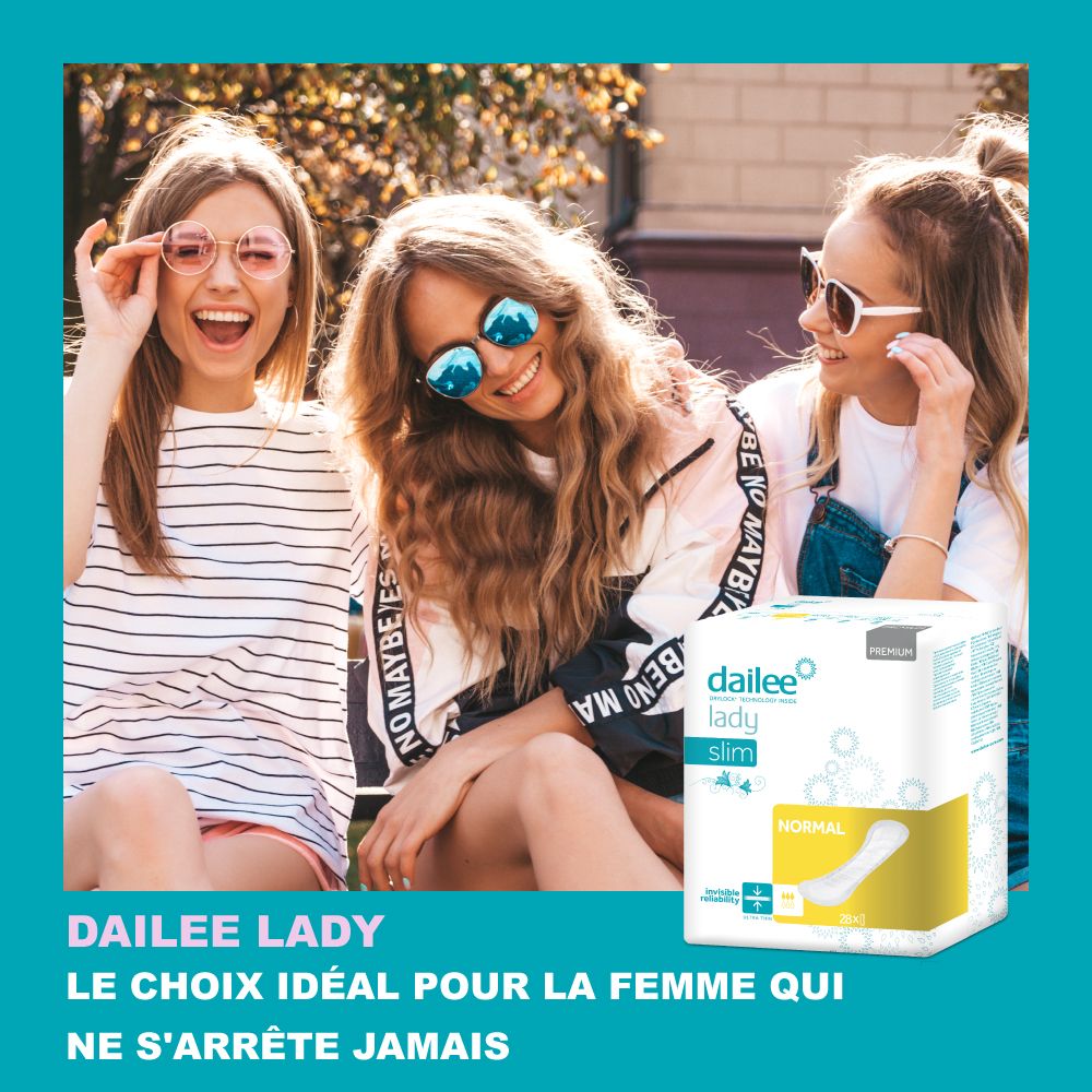Trois femmes avec des lunettes de soleil. Paquet Dailee Lady. Texte : « Le choix idéal pour la femme qui ne s'arrête jamais ».