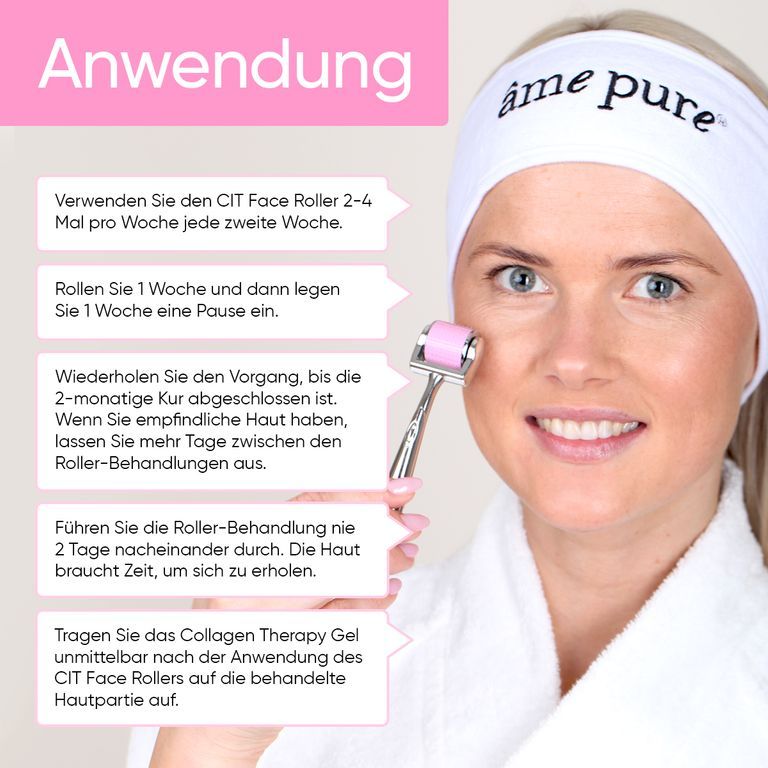 Gebruiksinstructies voor CIT Face Roller met een vrouw die hem gebruikt.