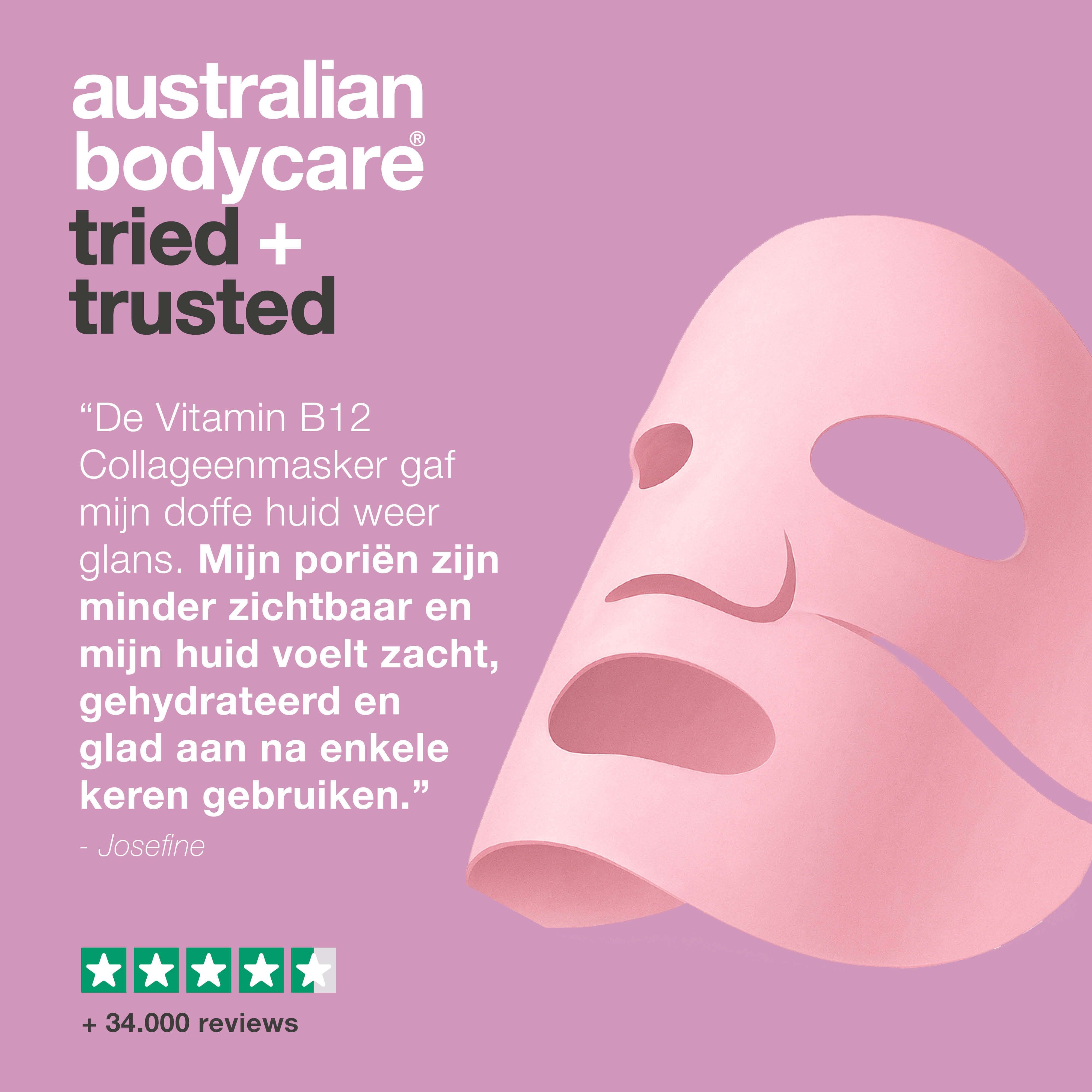 Roze masker. Tekst: Australian Bodycare, tried + trusted, Citaat van Josefine over het masker.