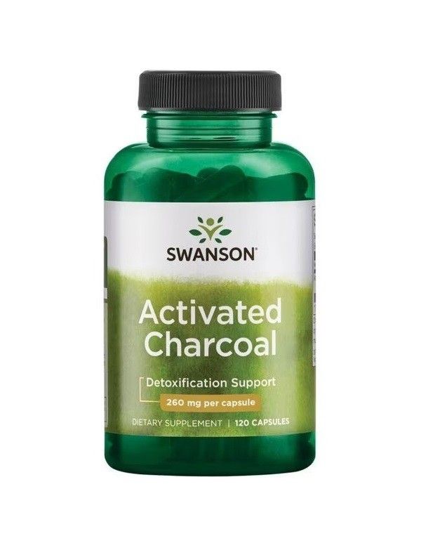 Groene fles Swanson Actieve Kool capsules, 260 mg per capsule, 120 capsules.