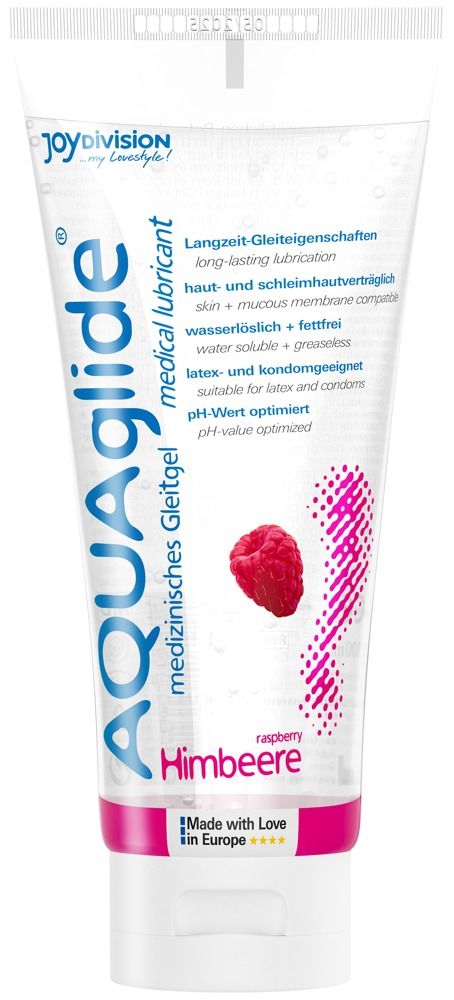 AQUAGLIDE framboos glijmiddel tube met frambozen en waterdruppels op witte achtergrond.