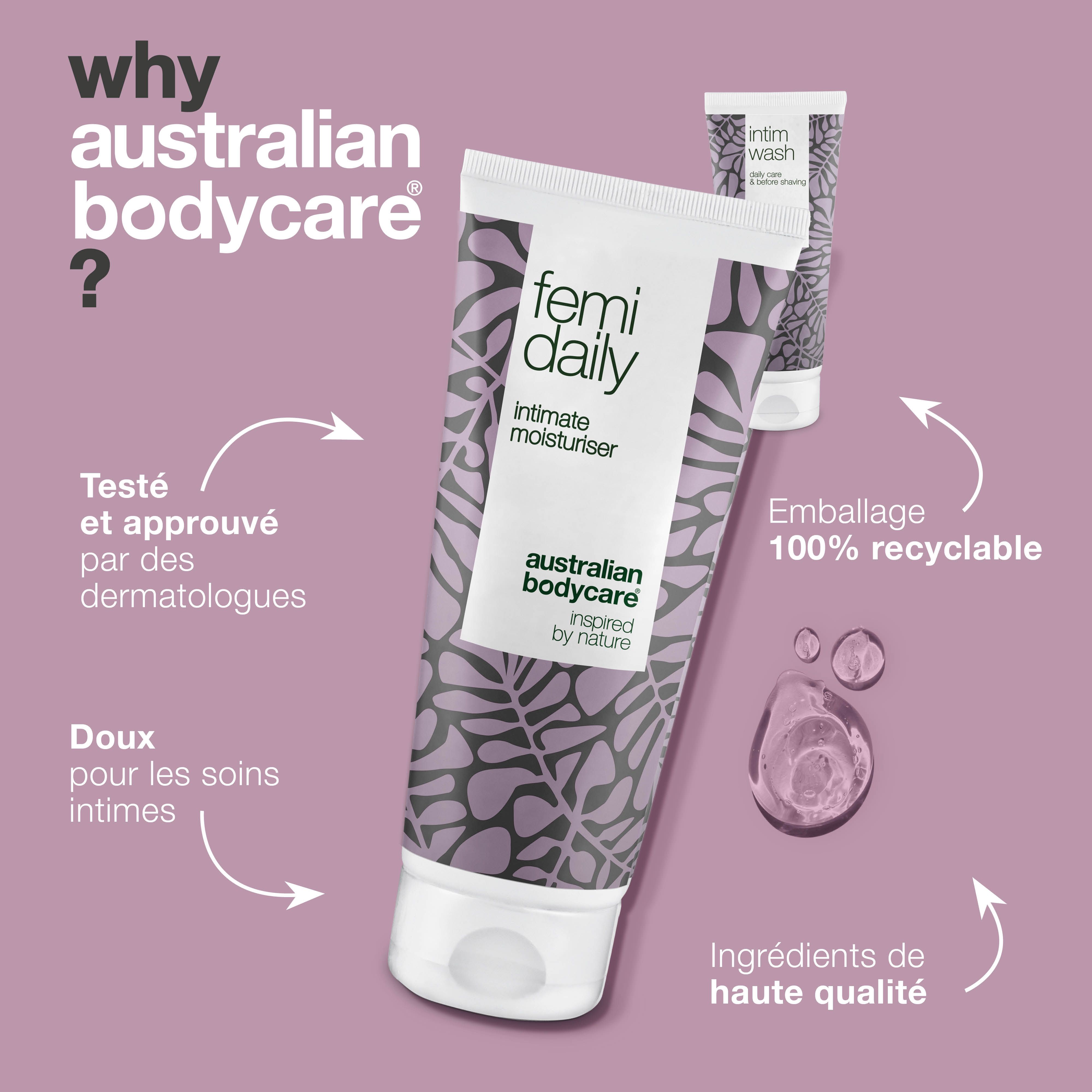 Deux tubes de soin intime. Testé par des dermatologues. Emballage 100% recyclable. Marque : Australian Bodycare.