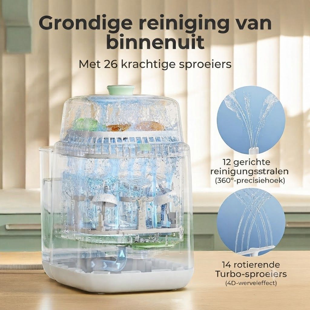 Transparante babyflessterilisator met 26 sproeiers die water spuiten.