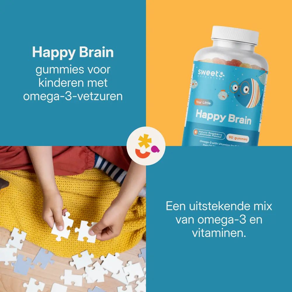 Kind puzzelt. Fles gummies. Tekst Happy Brain, omega-3 en vitaminen.