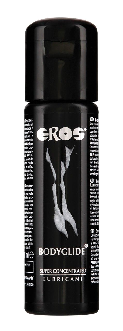 Zwarte fles EROS Bodyglide Super Concentrated glijmiddel.
