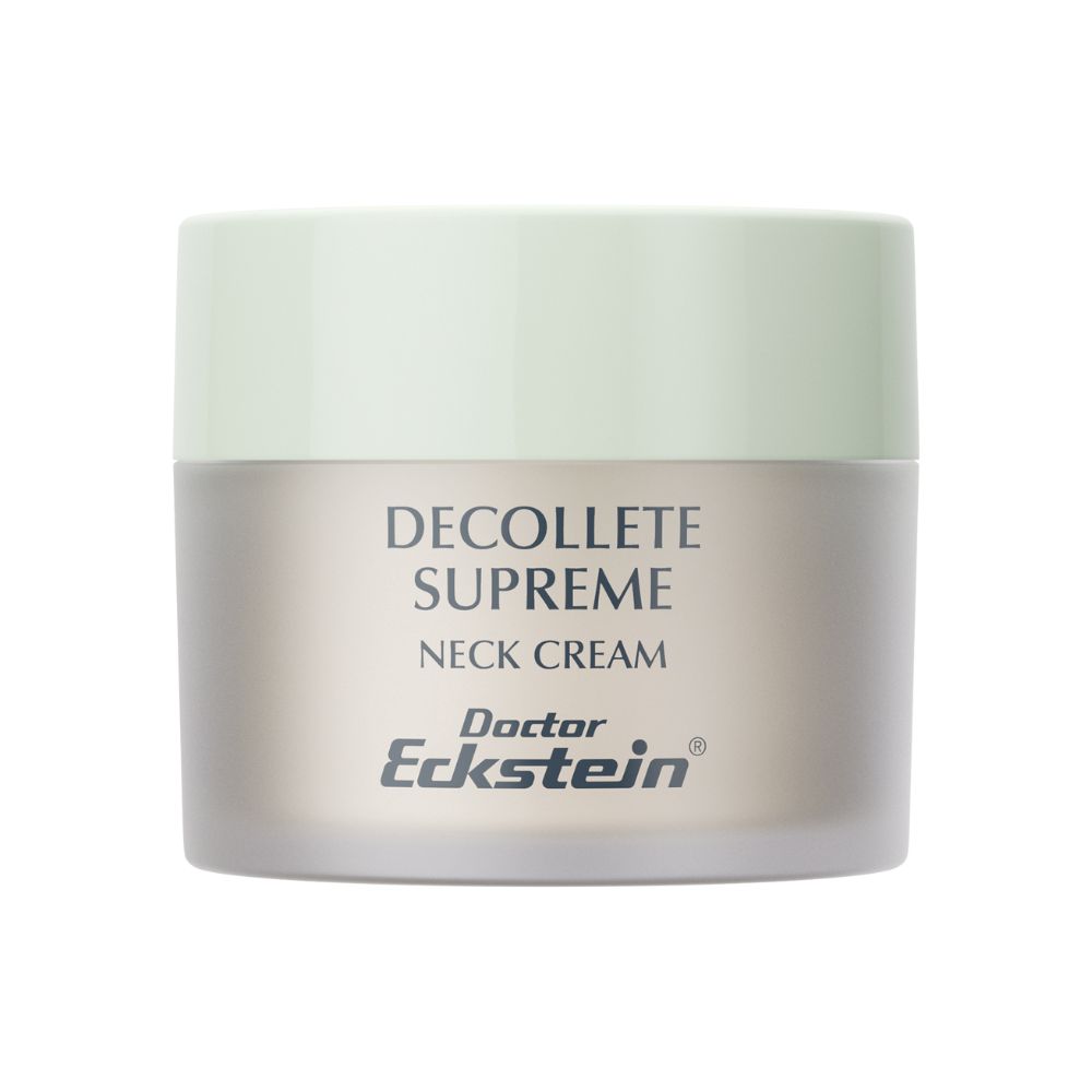 Crèmepot met deksel. Opschrift: DECOLLETE SUPREME NECK CREAM. Merk: Doctor Eckstein.