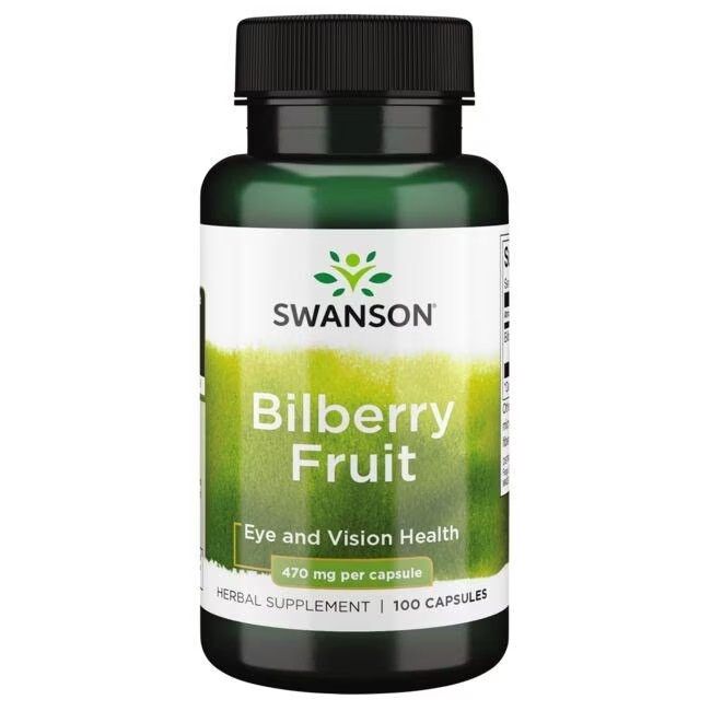 Flacon vert avec bouchon noir. Inscription: SWANSON Bilberry Fruit, 470 mg par capsule, 100 capsules.
