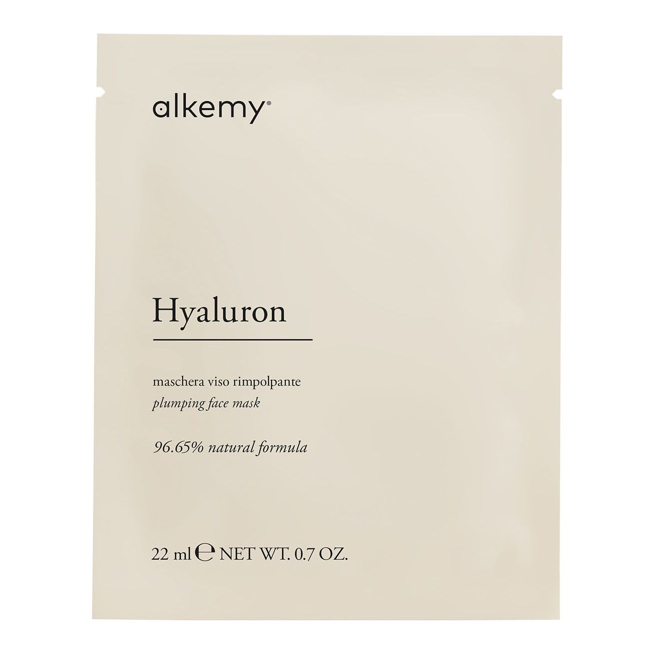 Avant d'un sachet de masque facial Alkemy Hyaluron avec nom du produit et volume.