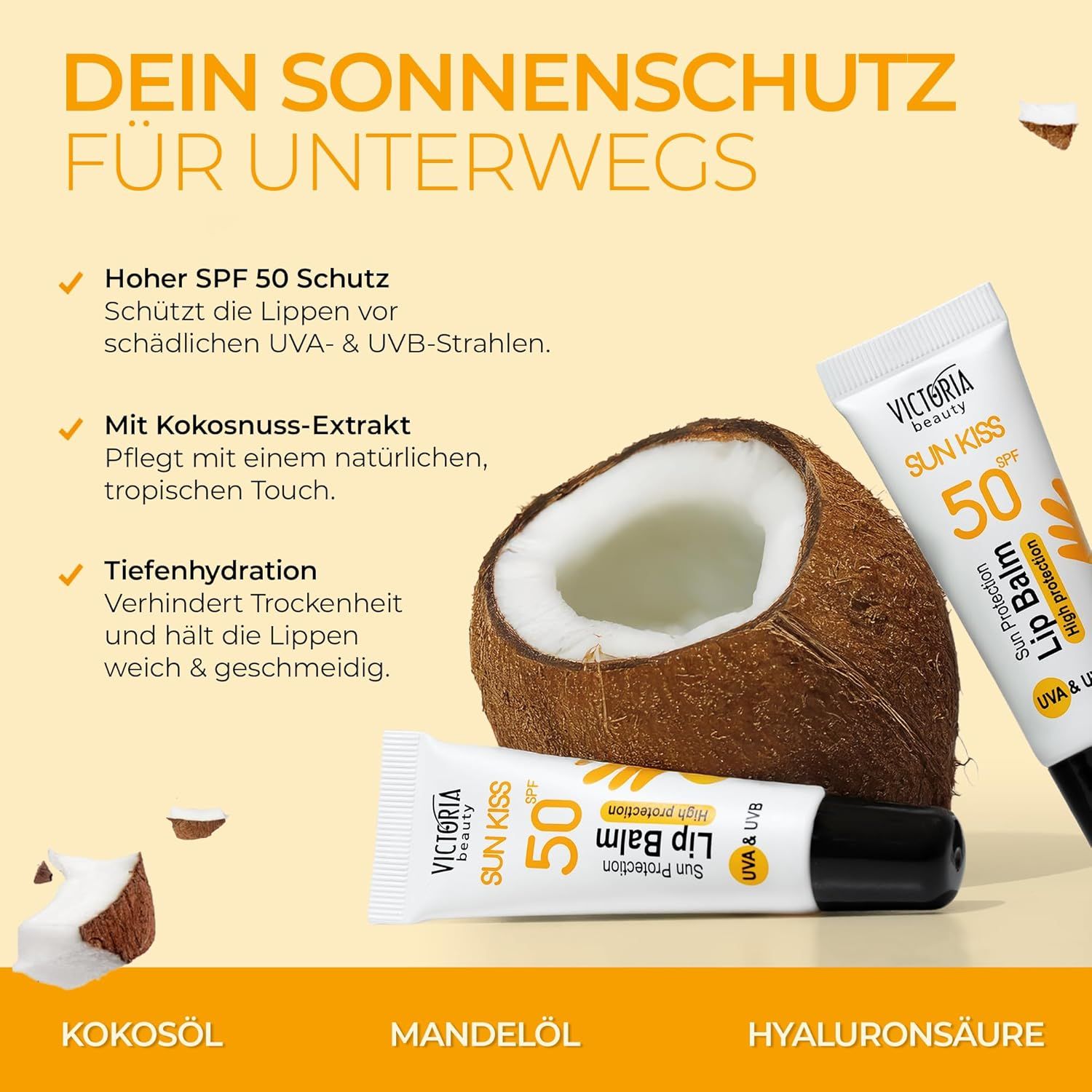 Baume à lèvres Victoria Beauty Sun Kiss LSF 50. Deux tubes et une noix de coco. Texte: Protection solaire, huile de coco, amande, acide hyaluronique.