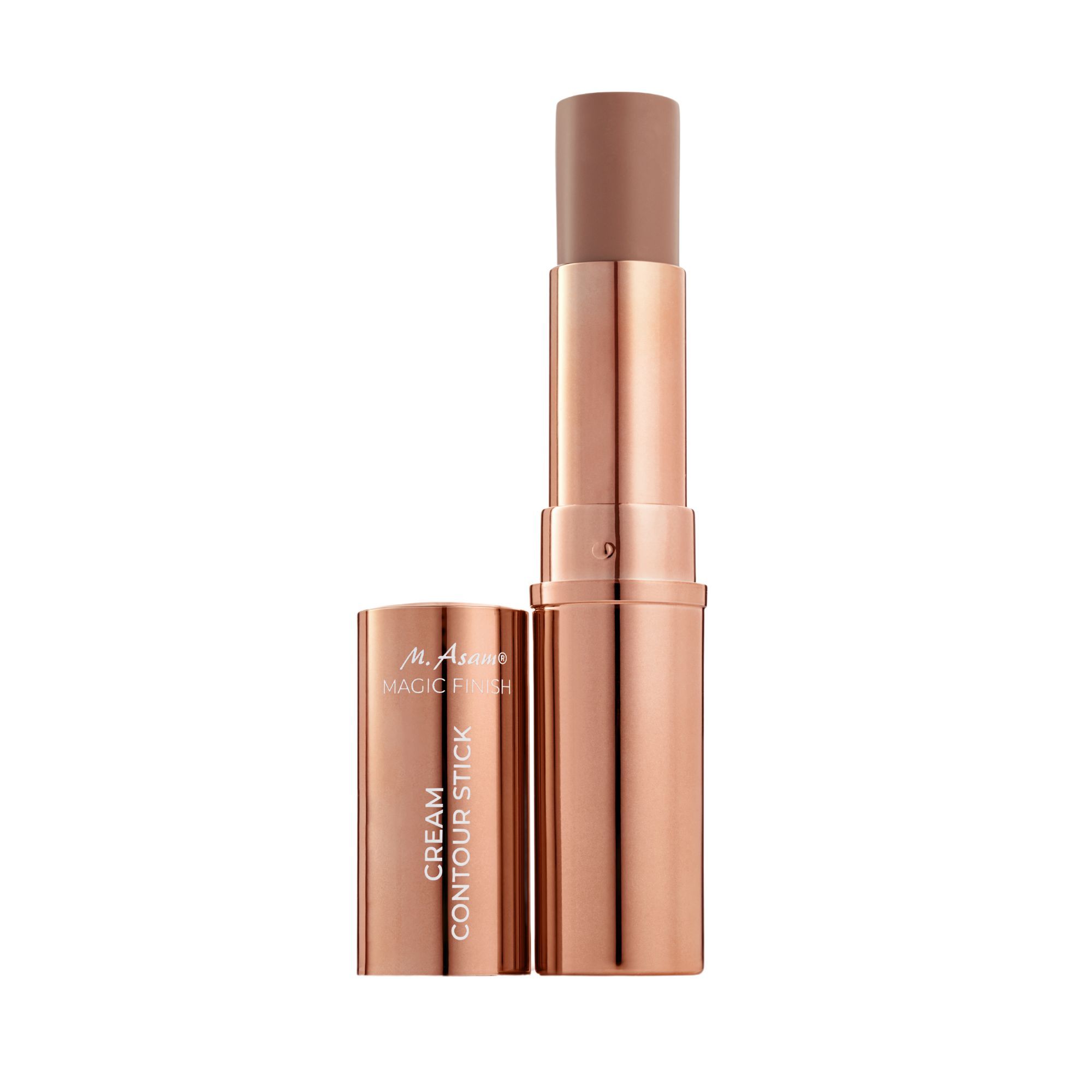 Stick de contouring clair-moyen ouvert. Bâton doré avec embout marron et capuchon séparé. Inscription : Cream Contour Stick.
