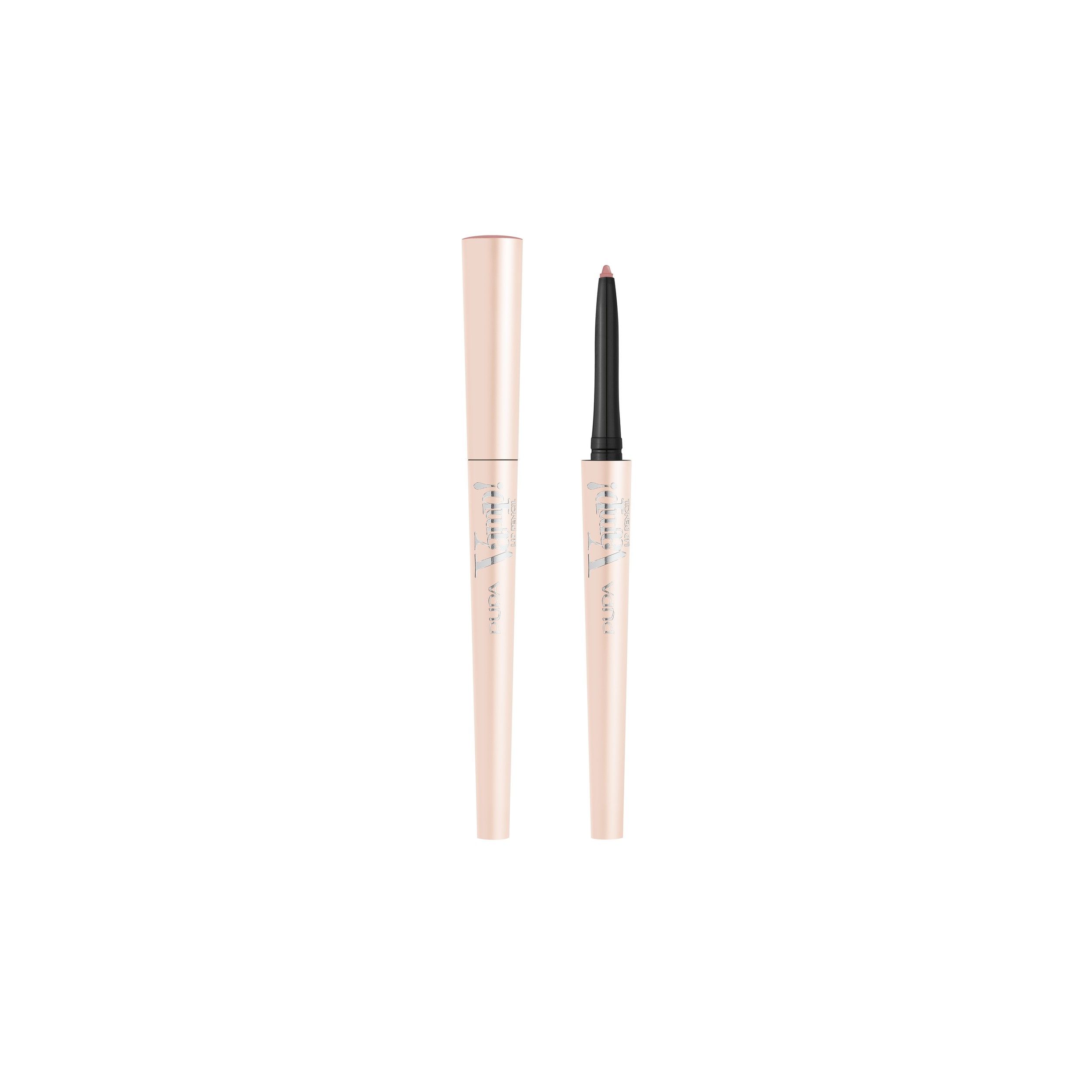 Un crayon à lèvres fin et clair avec applicateur. Le crayon est de couleur rose pâle.