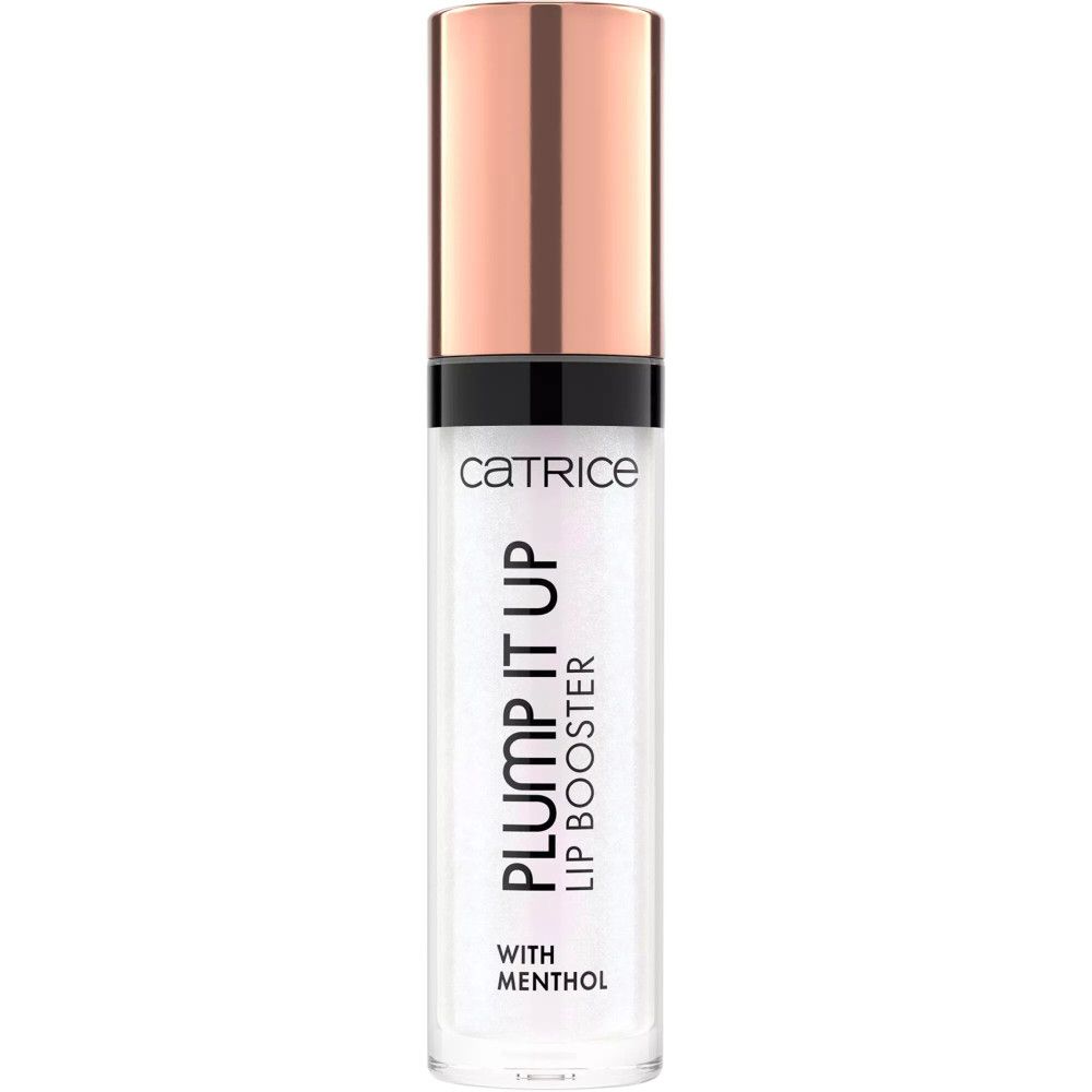 Lipglosstube met roségouden dop. Opschrift: Catrice, Plump It Up Lip Booster, With Menthol.