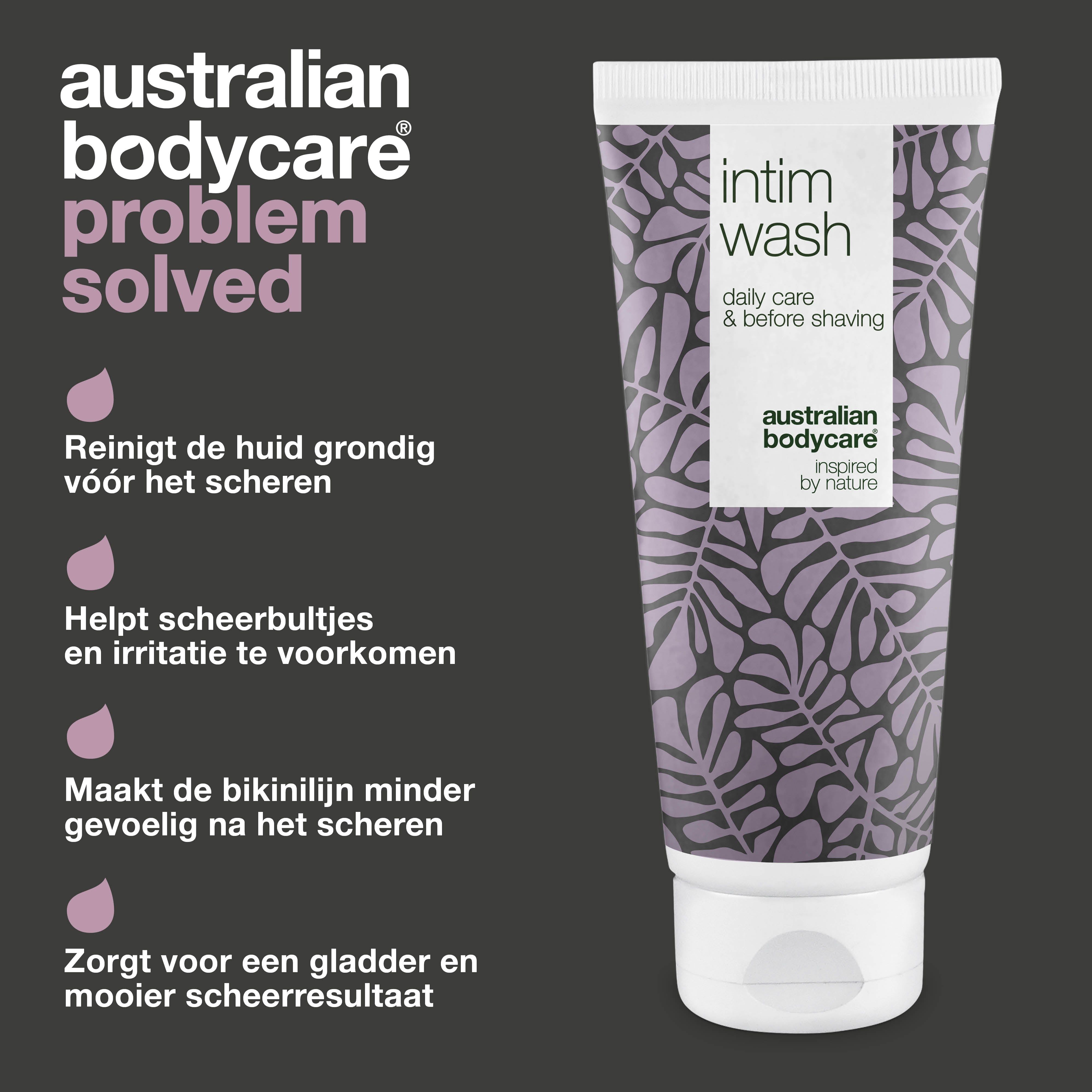 Producttube Intim Wash, Australian Bodycare. Tekst: Reinigt, helpt irritatie te voorkomen, maakt de huid gladder.