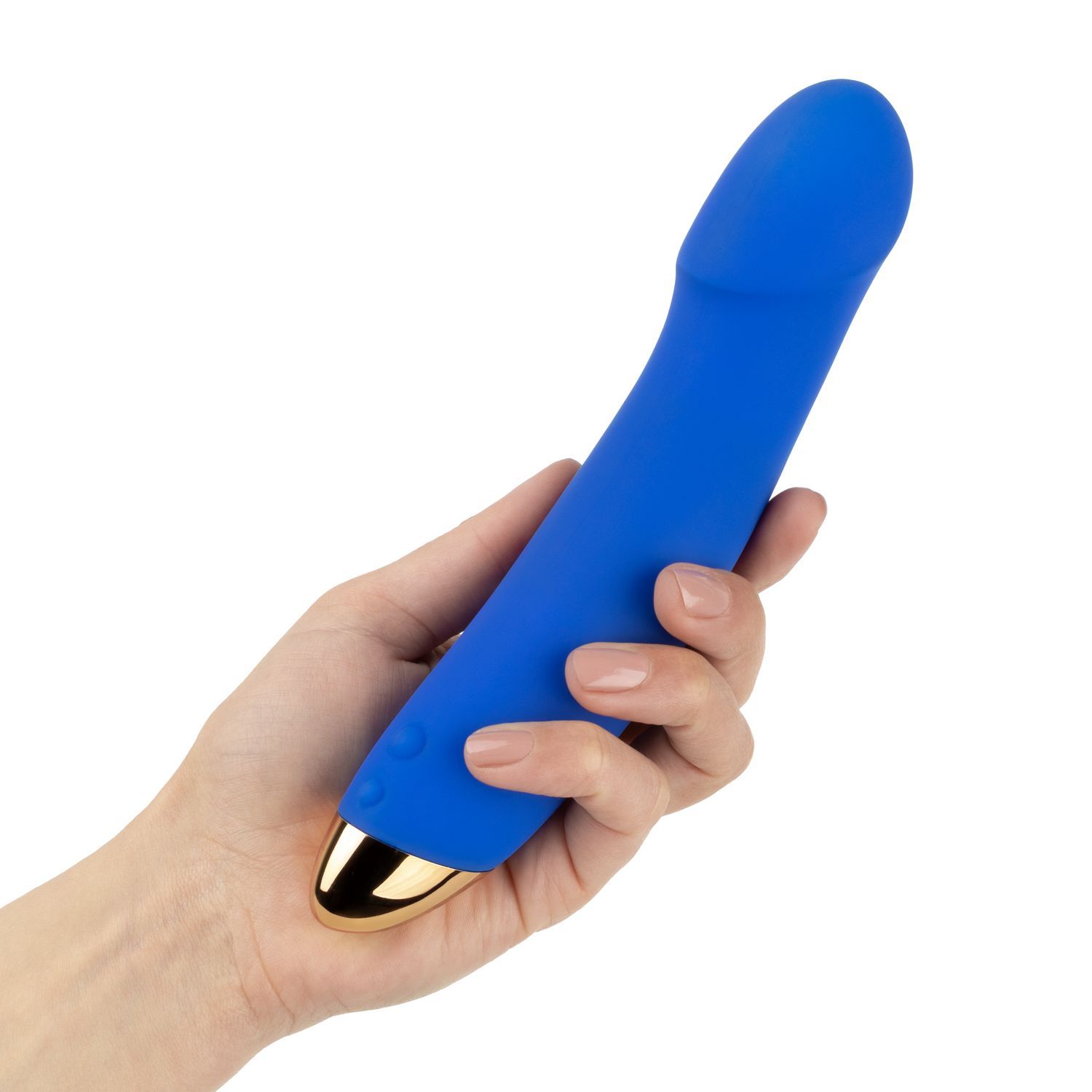 Blauwe vibrator met gouden uiteinde, vastgehouden in een hand. Twee knoppen zijn zichtbaar. Het product is licht gebogen.