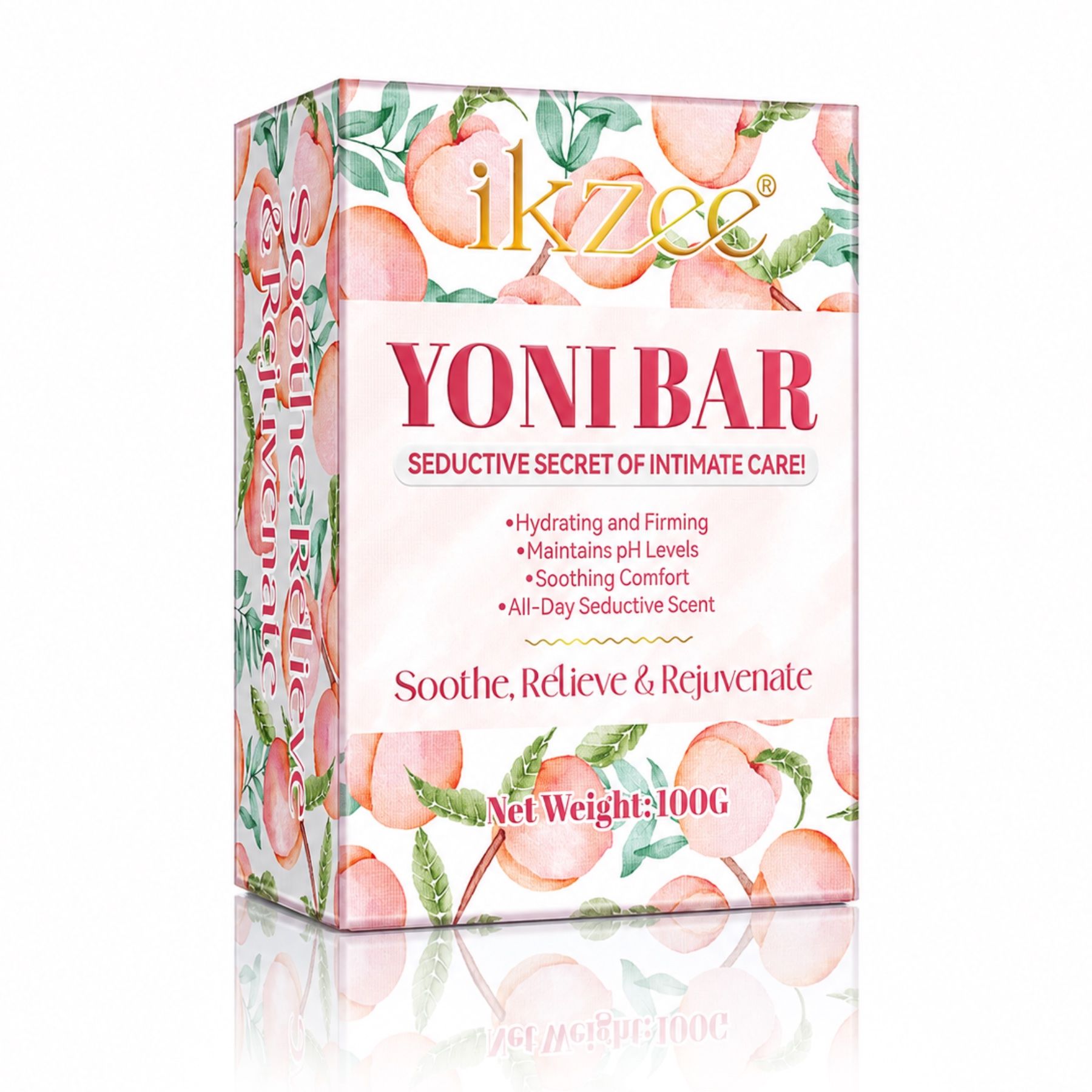 Yoni Bar verpakking met perzik- en bladerenpatroon. Bevat tekst zoals 'Yoni Bar', 'Seductive Secret of Intimate Care' en 'Net Weight: 100G'.