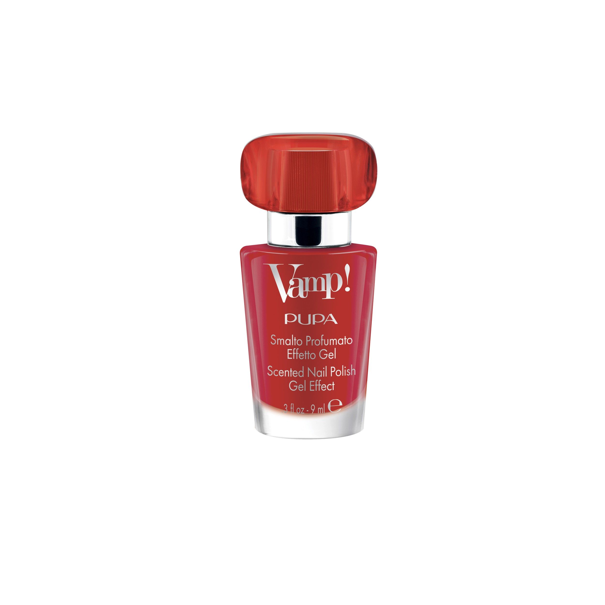 Pupa Vamp! Rode nagellak. Flesje met rode dop en zilveren ring. Bevat 9 ml.