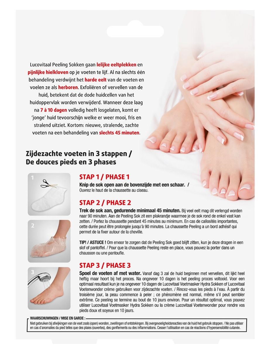 Dos de l'emballage des chaussettes exfoliantes Lucovitaal. Texte et illustrations d'utilisation.