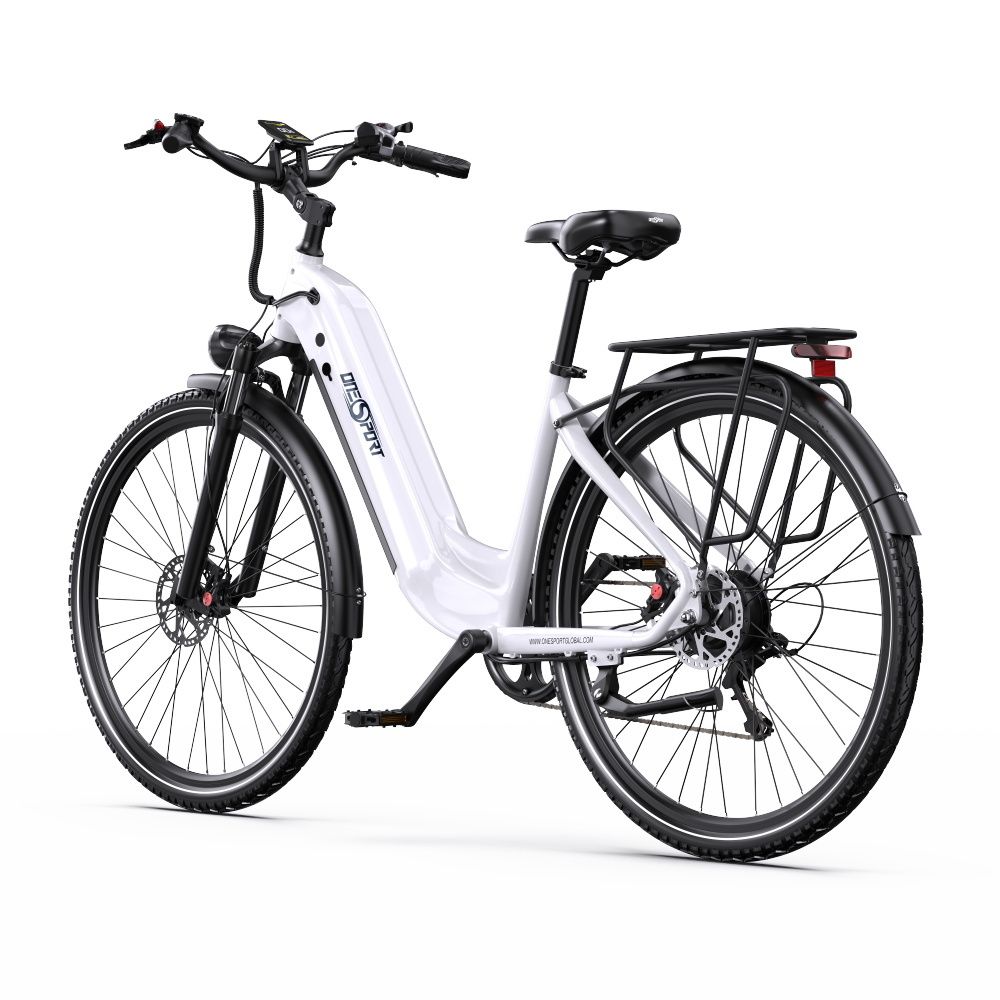 Vélo électrique blanc avec détails noirs. Porte-bagages, feu arrière et phare visibles. Logo Onesport.