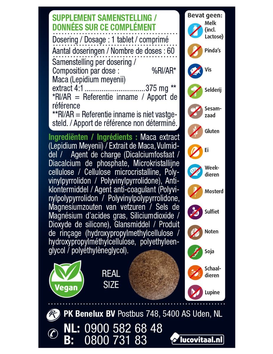 Achterkant verpakking. Info over ingrediënten, dosering, allergenen en vegan keurmerk. Toont een tablet.
