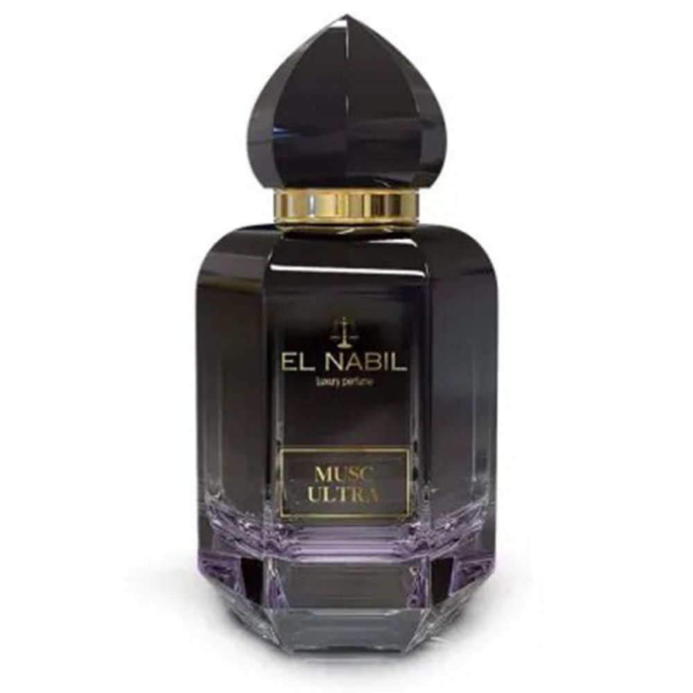 Donkere fles met gouden dop. Opschrift: EL NABIL, MUSC ULTRA. Geometrische vorm, facetten.