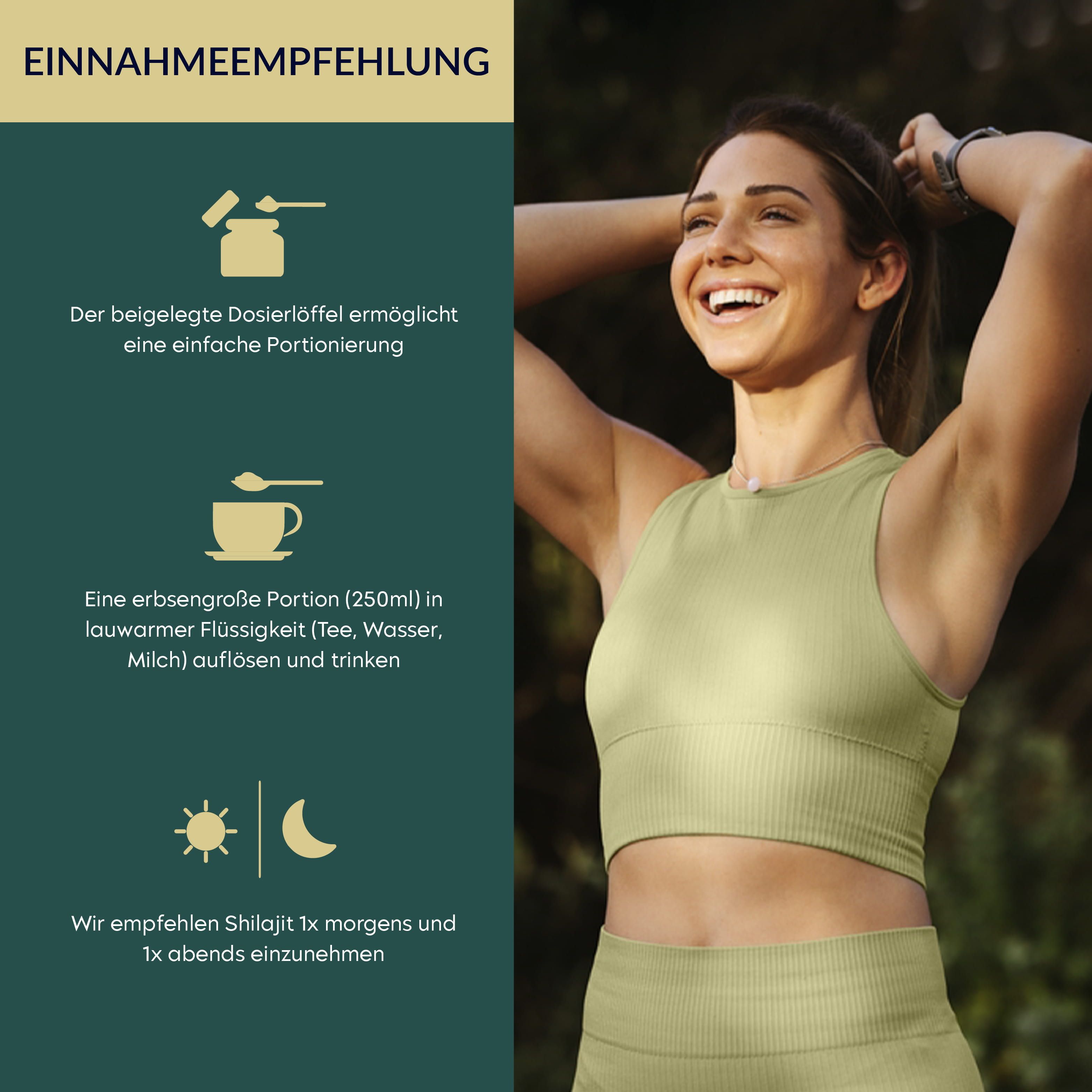 Femme en tenue de sport souriante. À gauche : symbole de cuillère doseuse, taille de pois, symbole soleil/lune.