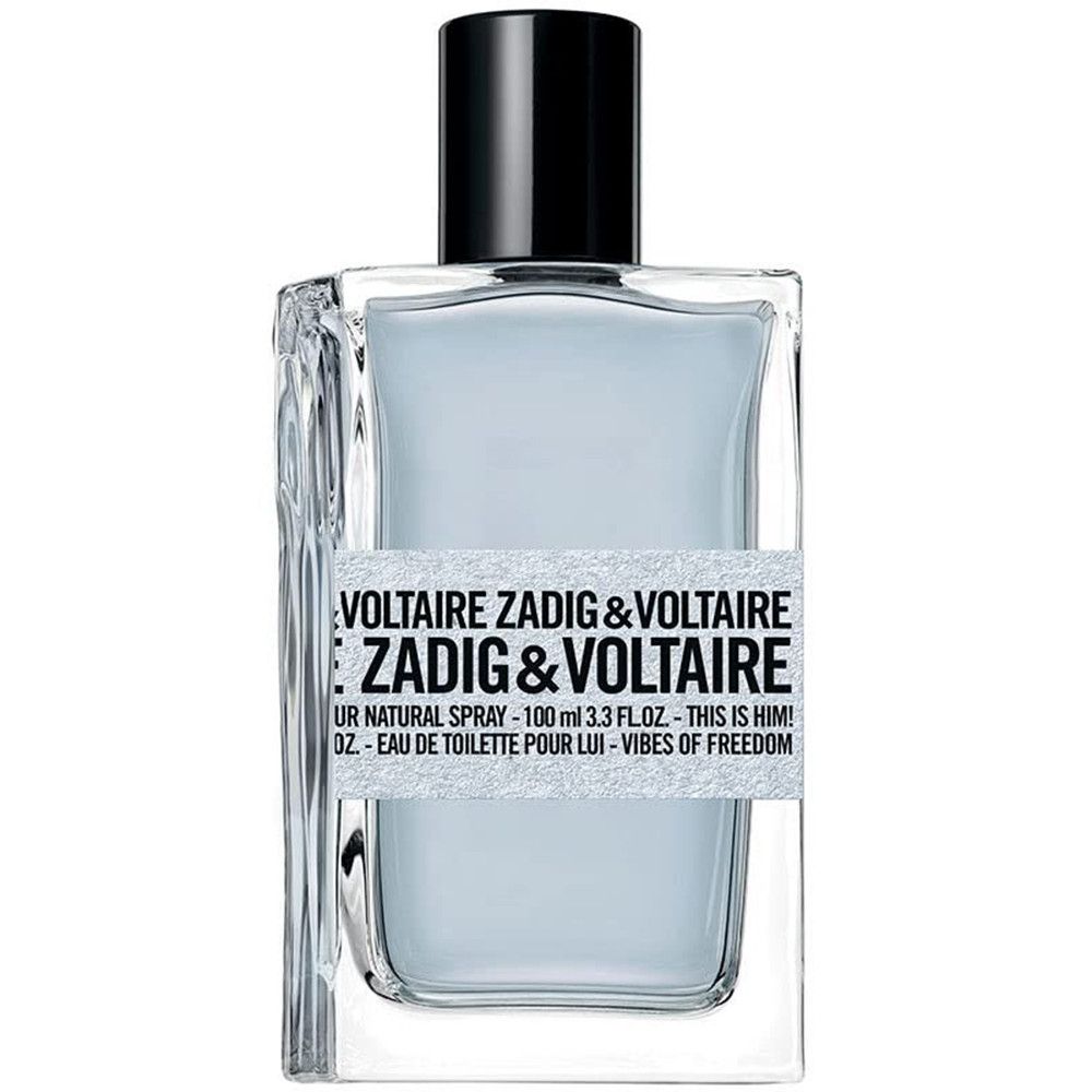 Flacon de parfum Zadig & Voltaire, liquide bleu. Rectangulaire, bouchon noir. Étiquette avec texte.
