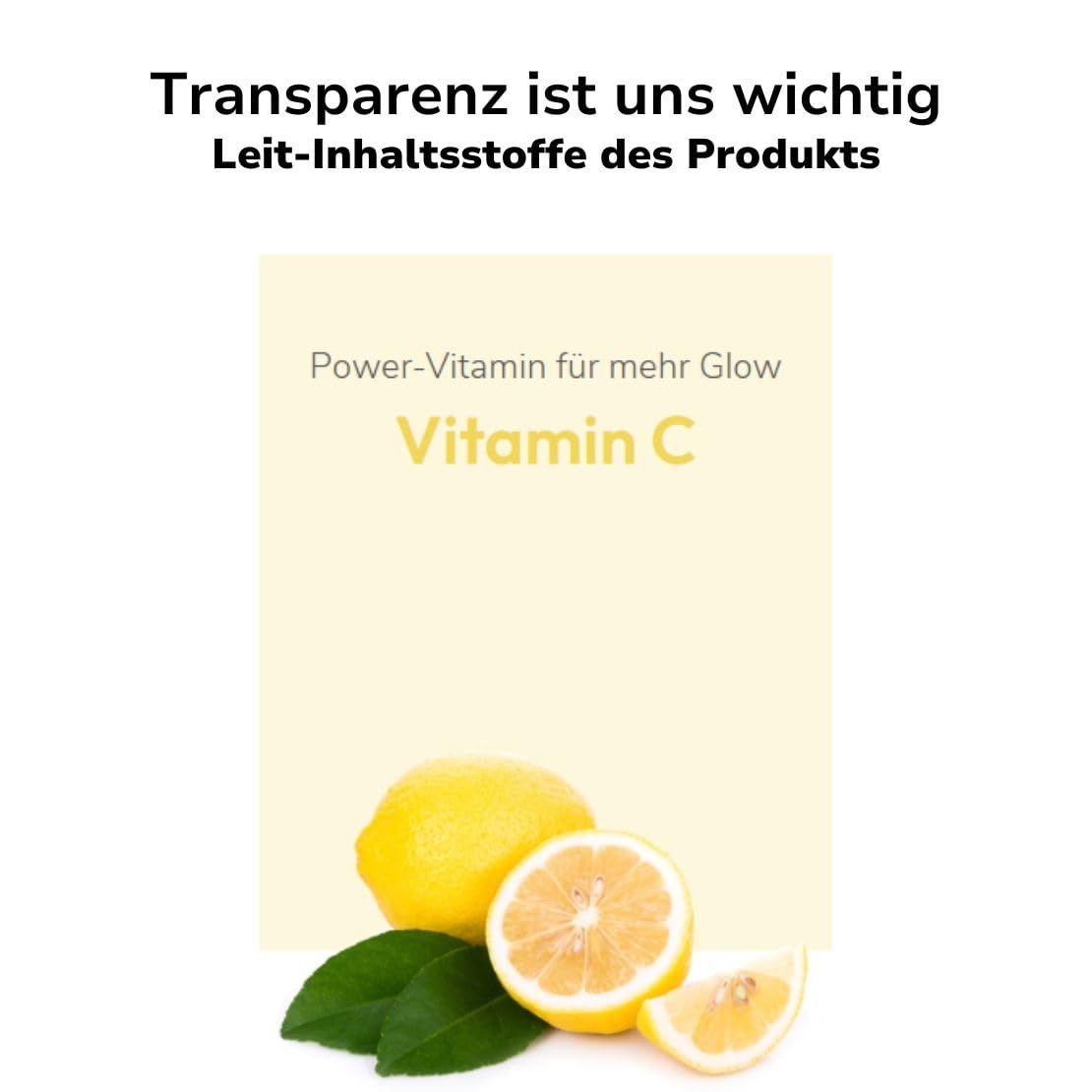Citrons et texte. Fond jaune. Texte: Power-Vitamin für mehr Glow, Vitamin C. Citrons, un coupé en deux, avec des feuilles.