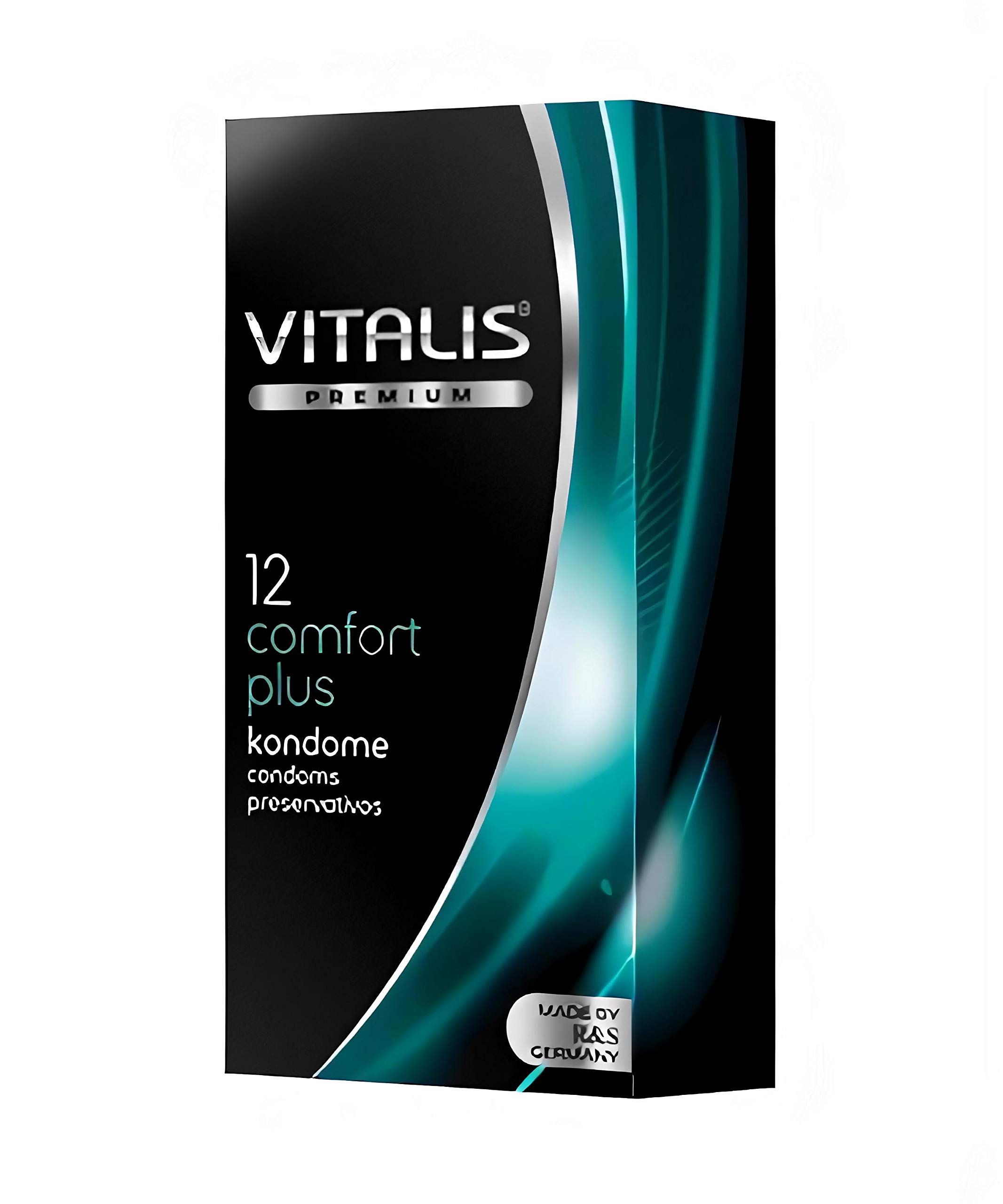 Vitalis Kondome Comfort Plus, paquet de 12. Préservatifs emballés individuellement avec informations produit.