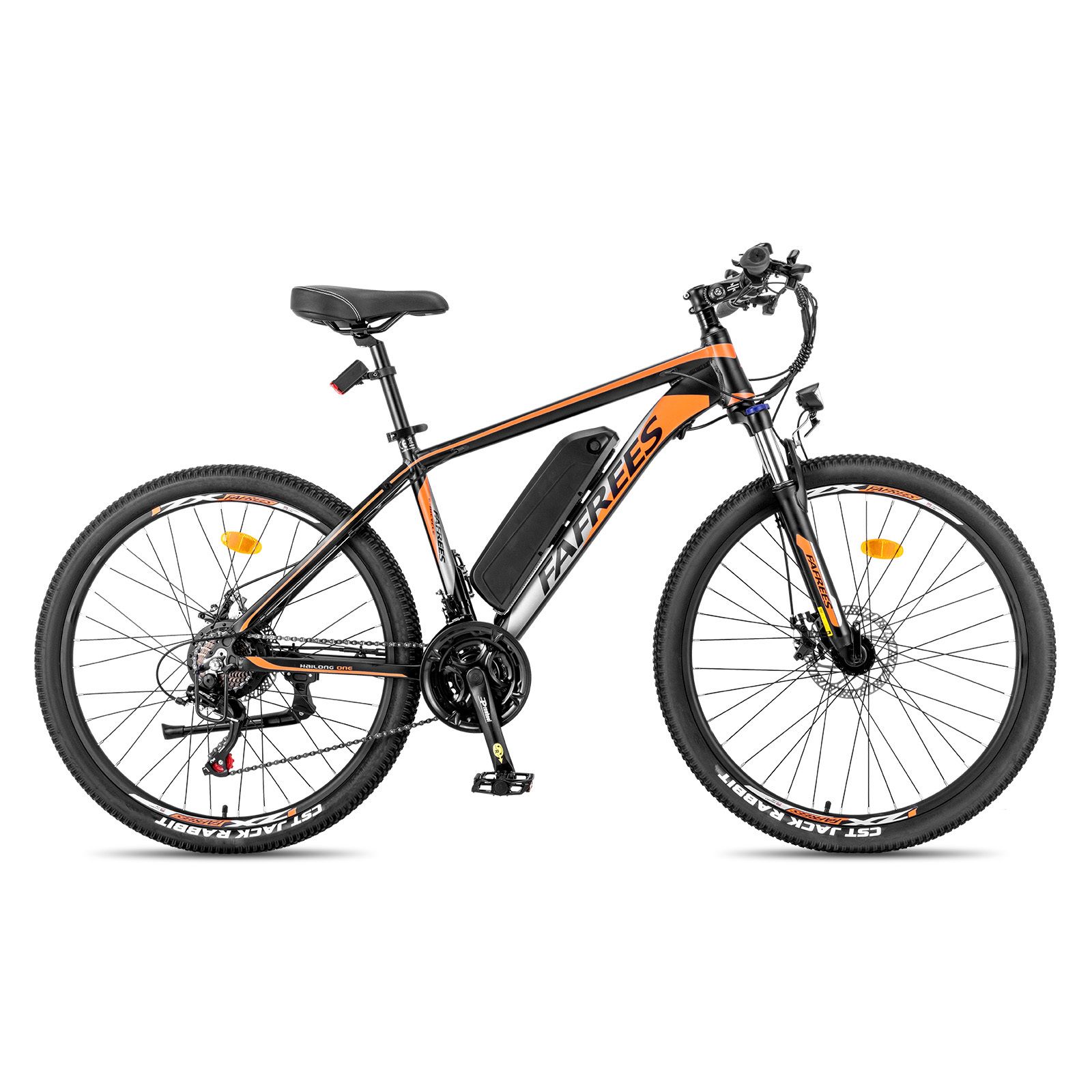 Zwarte mountainbike met oranje accenten. Zichtbaar: batterij, 21 versnellingen, schijfremmen. Opschrift: FAFREES.