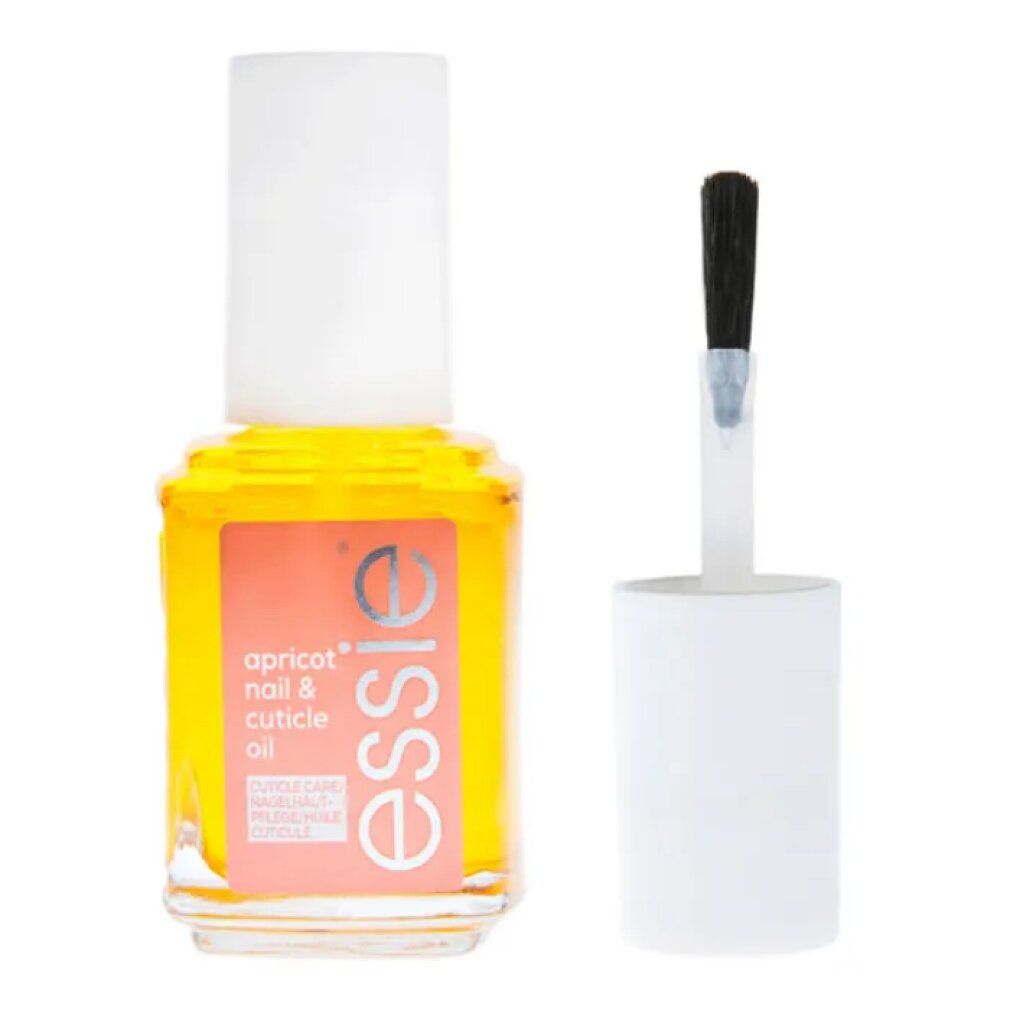 Flacon en verre avec liquide jaune, bouchon blanc et pinceau. Étiquette : apricot nail & cuticle oil, essie.