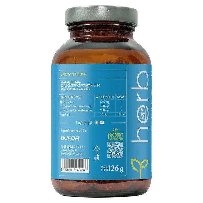 Arrière d'une bouteille Herb Omega 3 Ultra. Contient 90 capsules, 126g. Informations sur les ingrédients et valeurs nutritionnelles.
