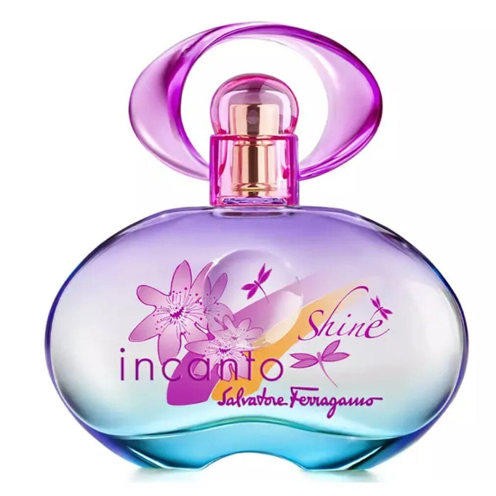 Flacon d'Eau de Toilette Salvatore Ferragamo Incanto Shine, dégradé violet et bleu avec motif floral.