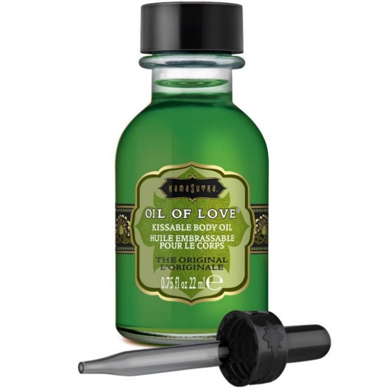 Flacon Huile de l'Amour Kamasutra avec pipet. Liquide vert dans flacon en verre, bouchon noir.