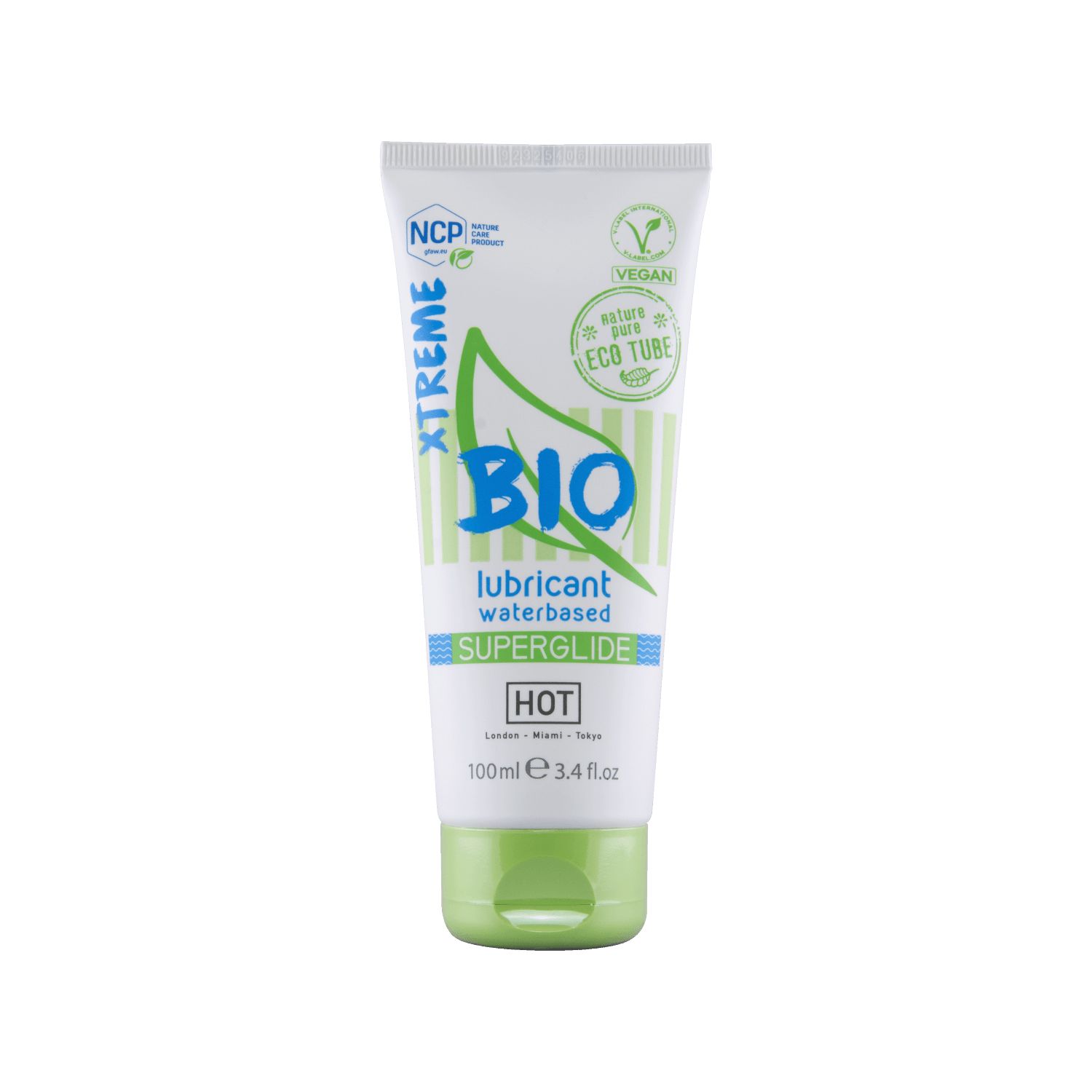 Tube blanc avec bouchon vert, étiqueté 'BIO lubricant waterbased SUPERGLIDE'.