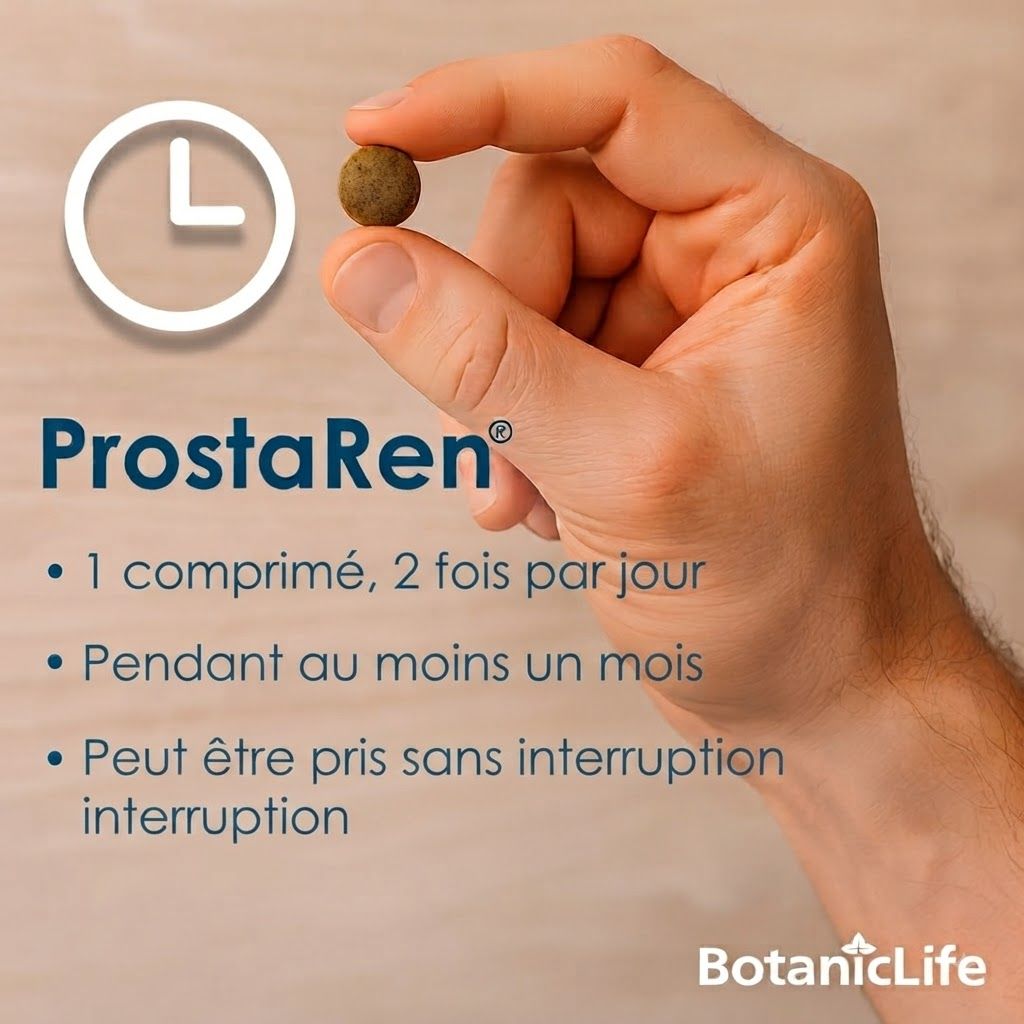 Une main tient une petite tablette ronde et brune. Le texte 'ProstaRen' est à côté.