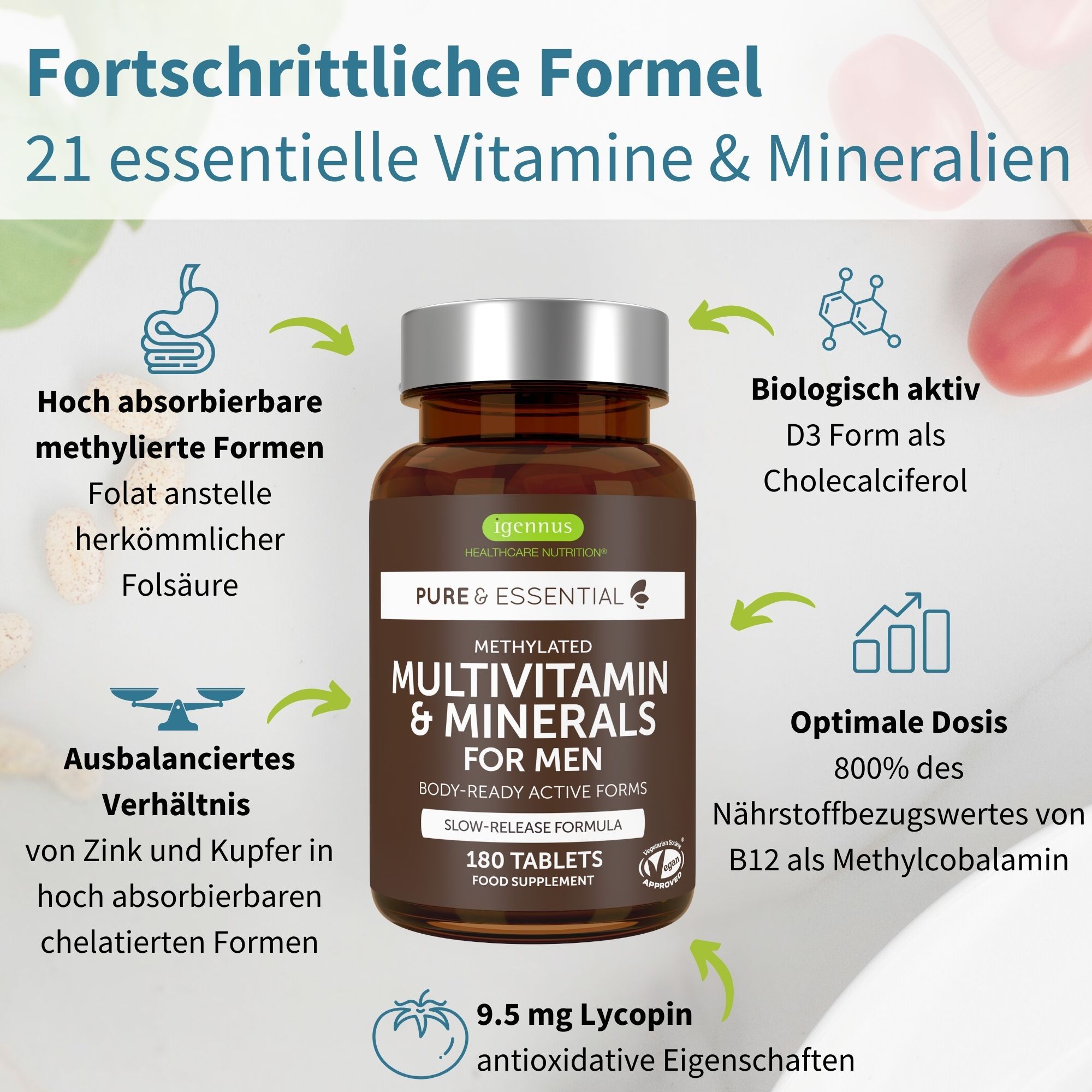 Bouteille de Igennus Multivitamines & Minéraux pour Hommes, 180 comprimés.