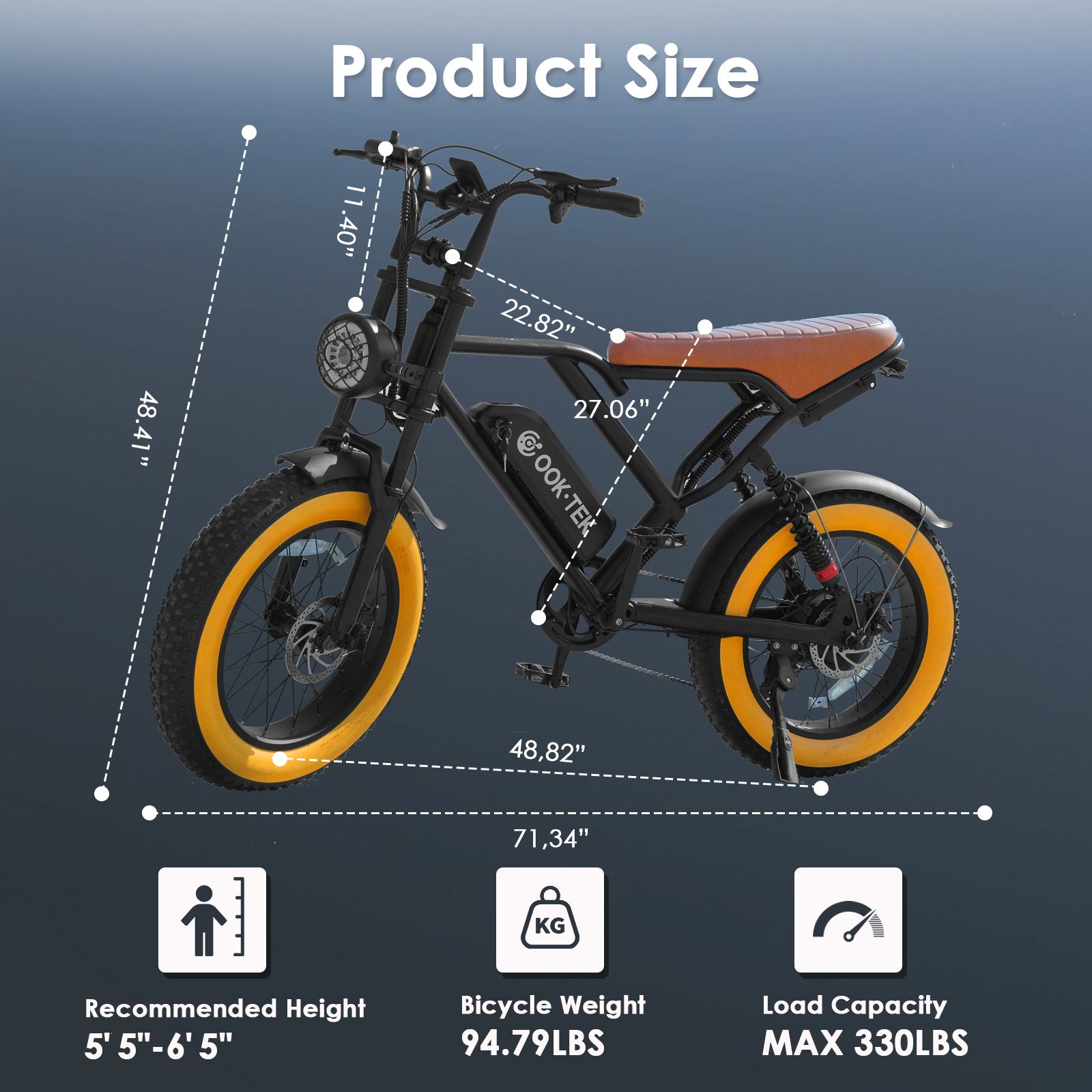 E-bike met afmetingen. Tekst: Product Size. Aanbevolen lengte: 5'5"-6'5". Fietsgewicht: 94.79LBS. Max. draagvermogen: 330LBS.